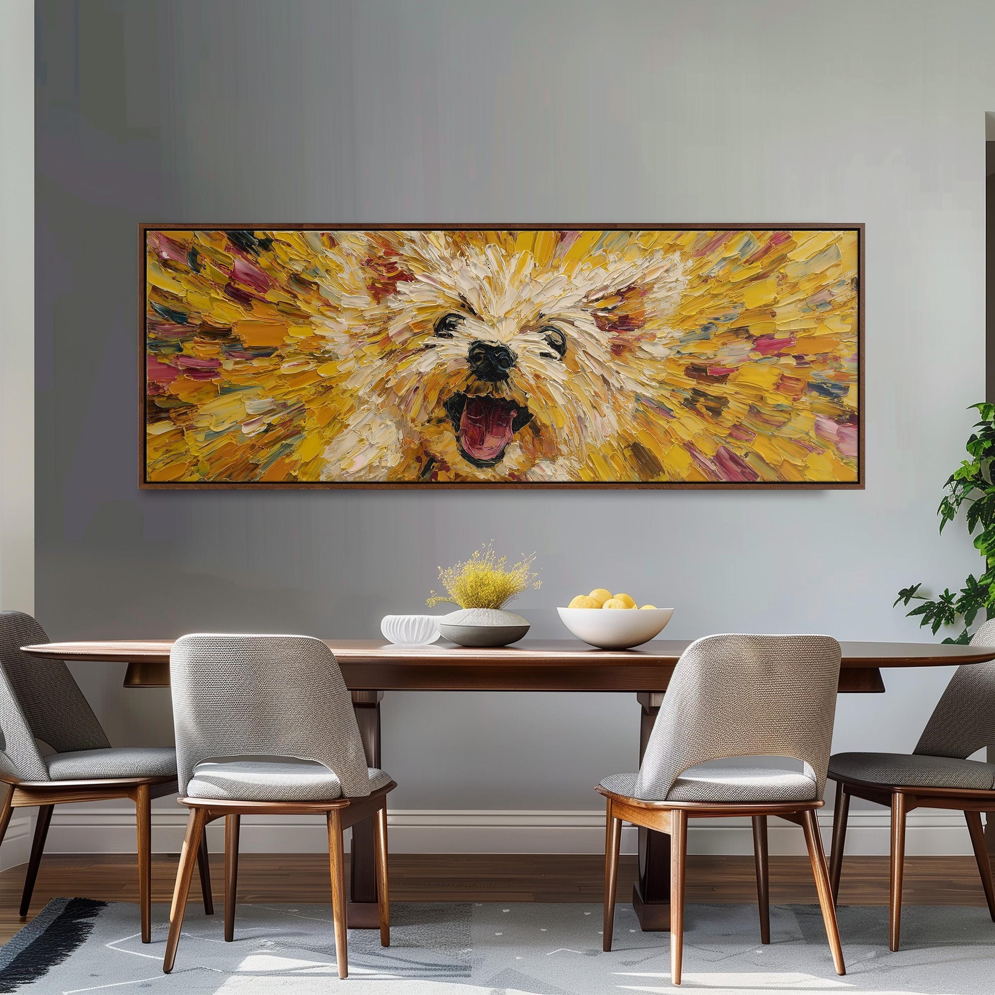 a large, colorful painting of a dog's face hanging on a wall above a wooden dining table with four chairs.