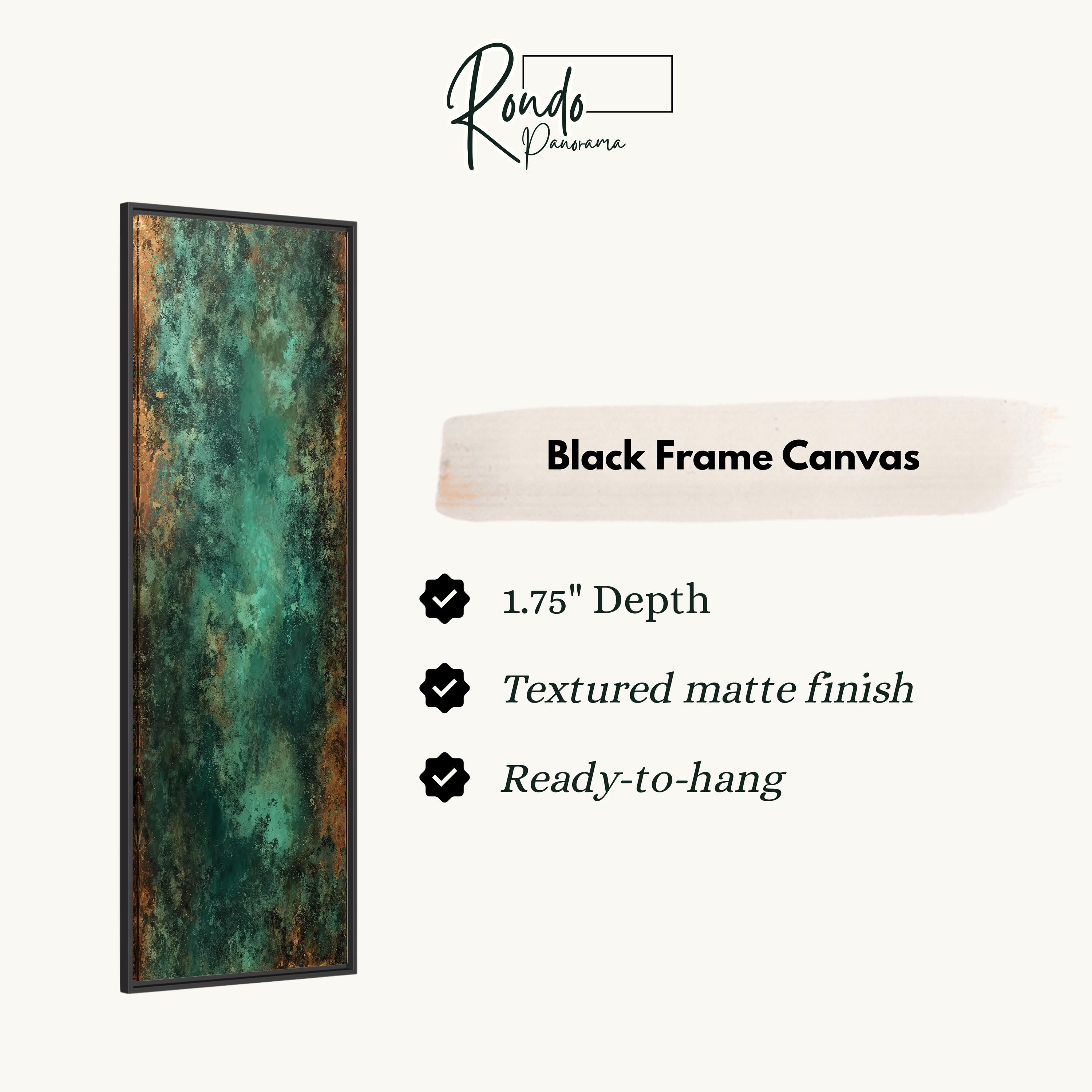 The image is a product description for a black frame canvas. It features a vertical piece of art with a textured finish and a depth of 1.75 inches. The canvas is ready to hang and has a textured matte finish.