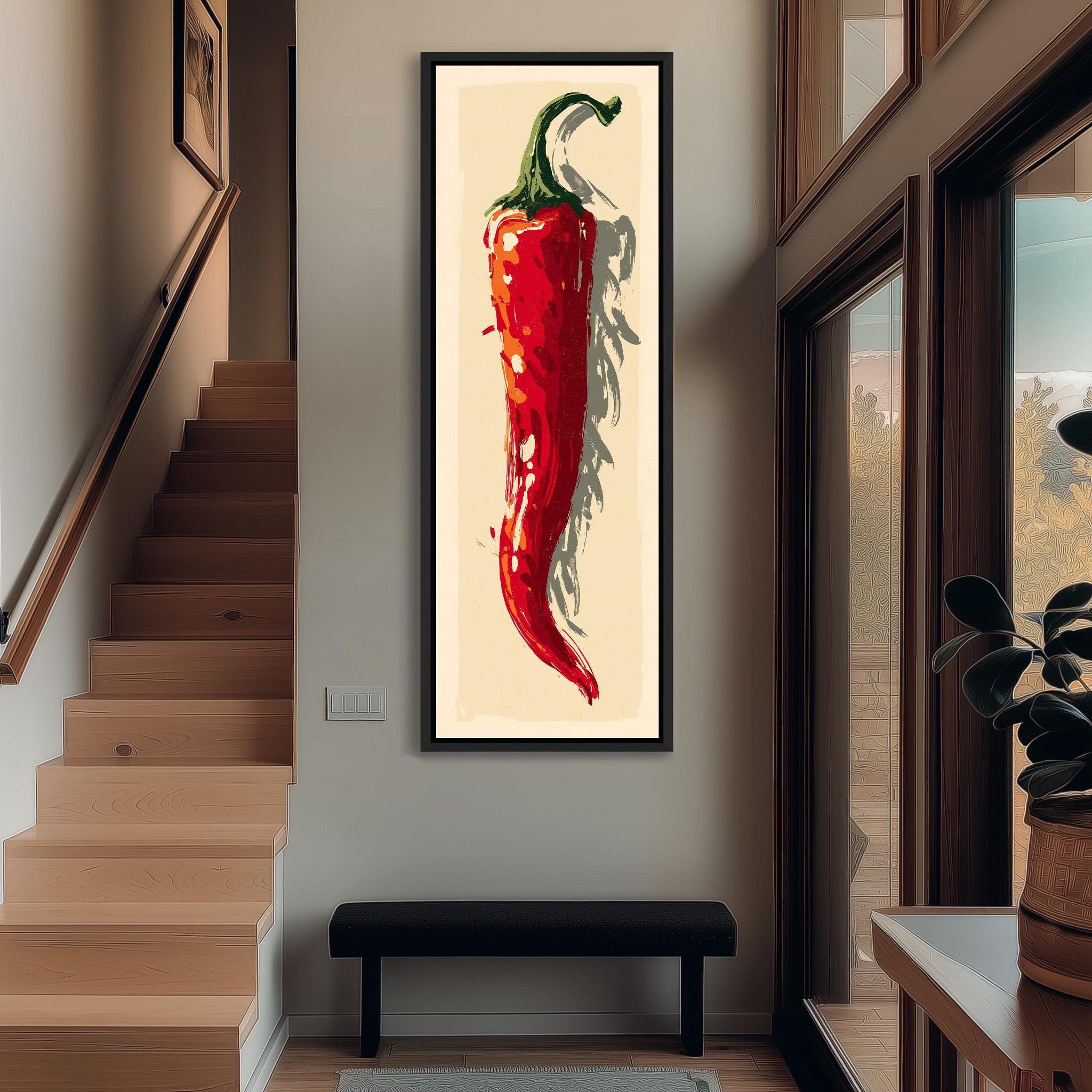 a large framed painting of a red pepper hanging on the wall of a hallway.