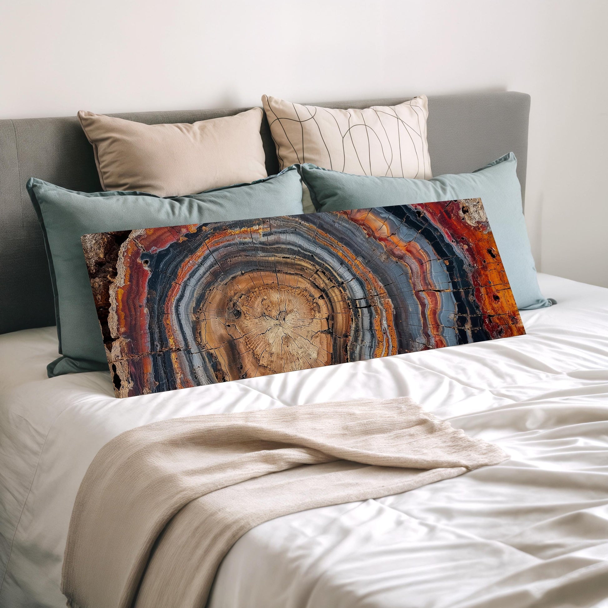 a bedroom with a bed covered in white sheets and a colorful abstract painting or artwork displayed on the bed.