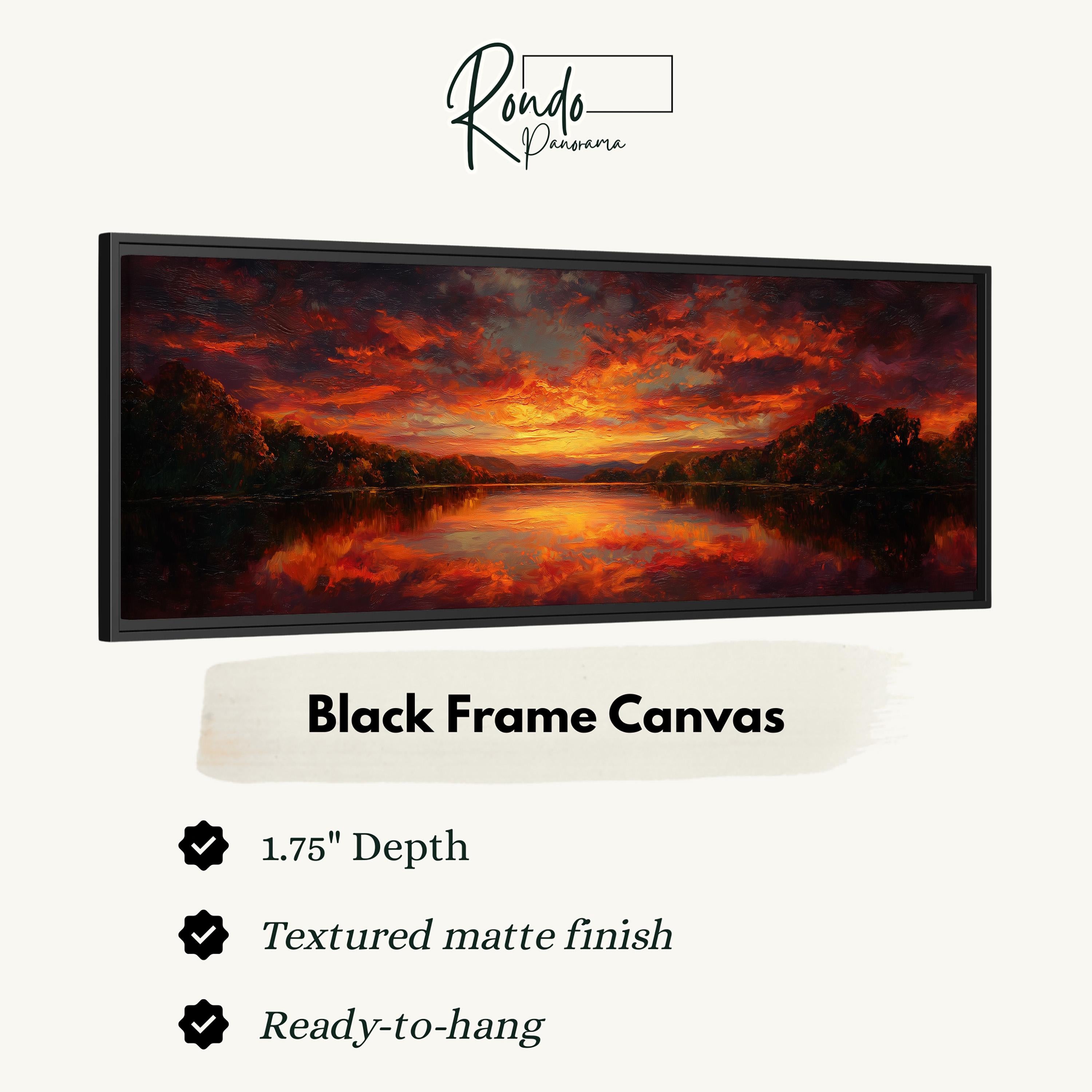 The image is a black frame canvas depicting a sunset over a lake.
