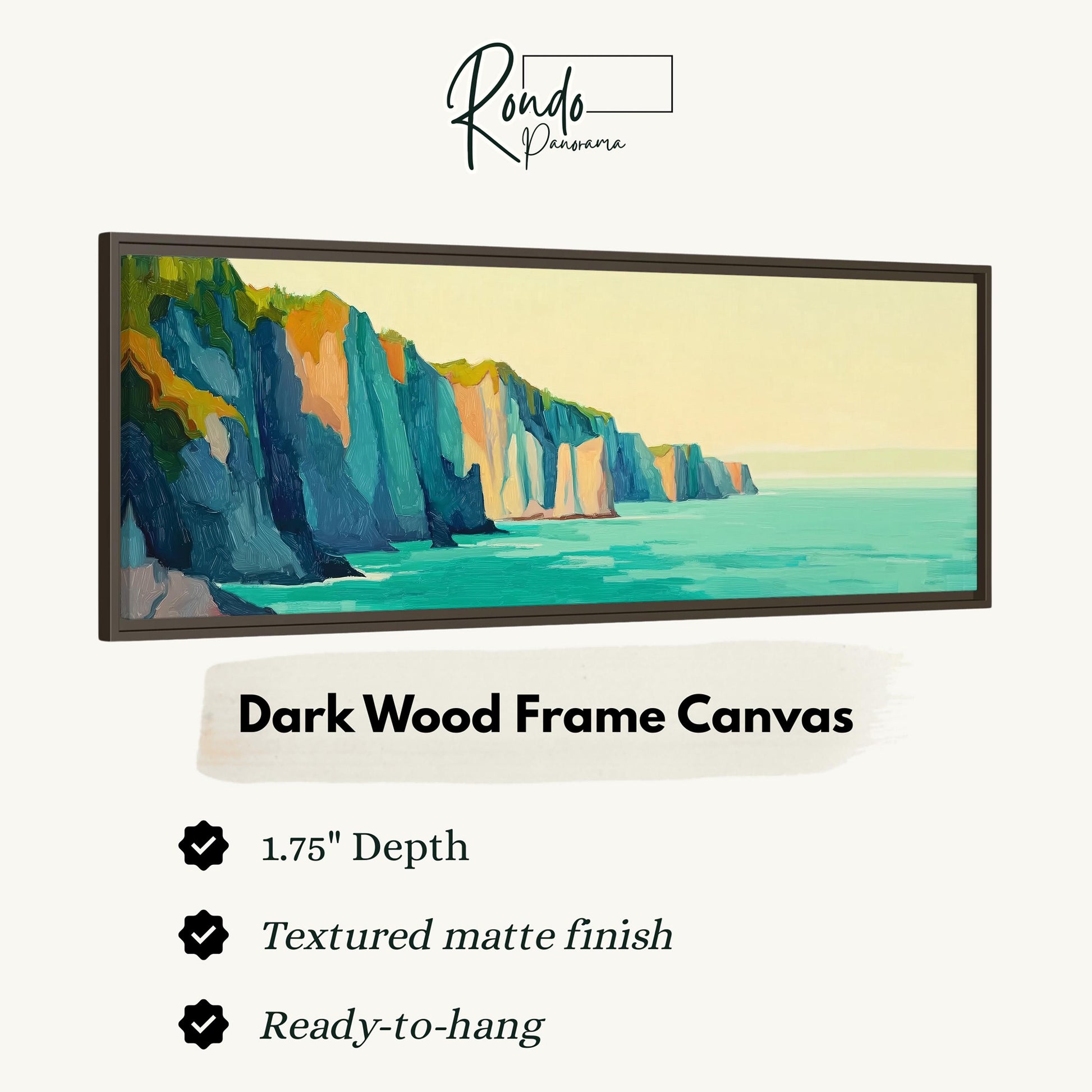 The image is a framed artwork depicting a serene landscape with a cliff overlooking a body of water.