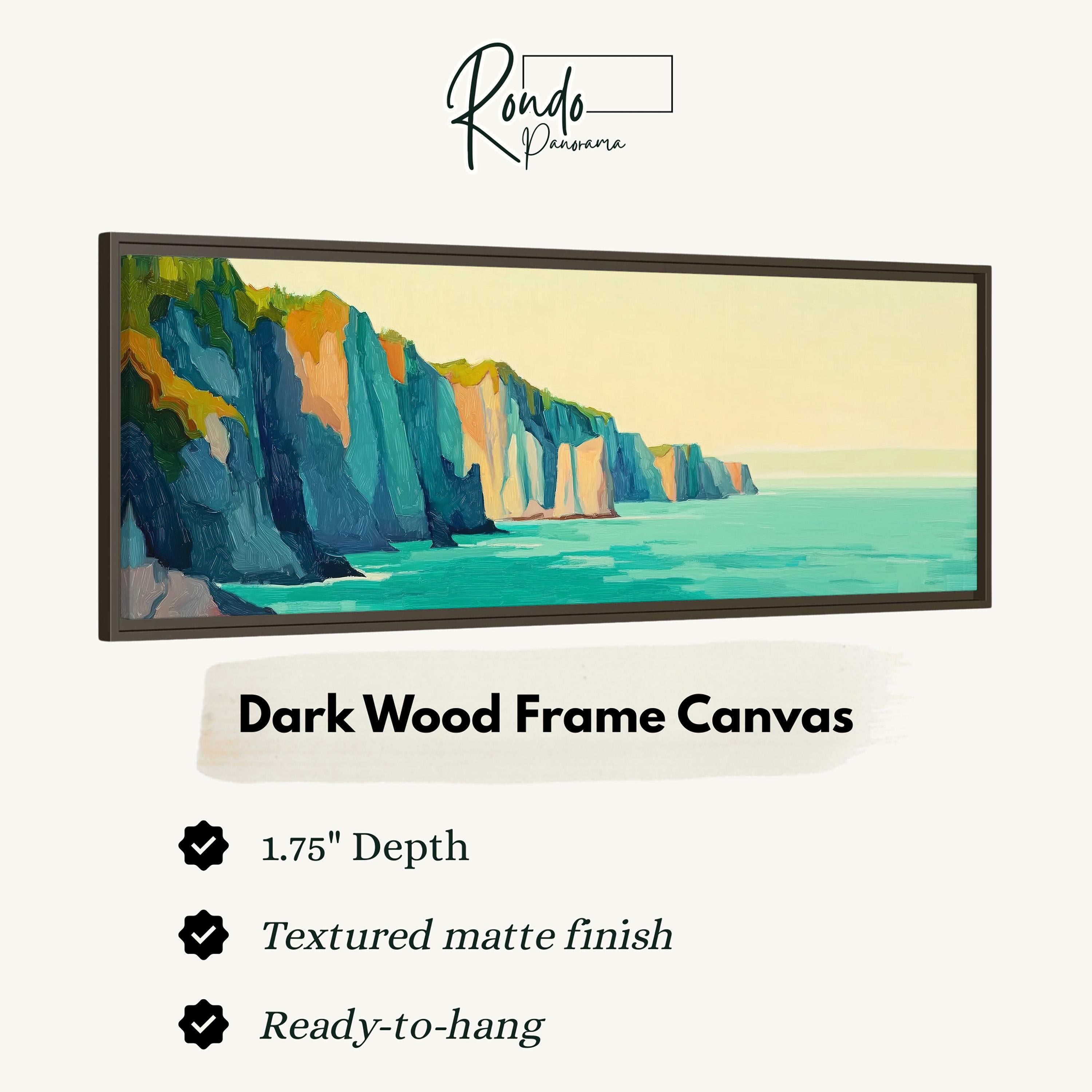 The image is a framed artwork depicting a serene landscape with a cliff overlooking a body of water.