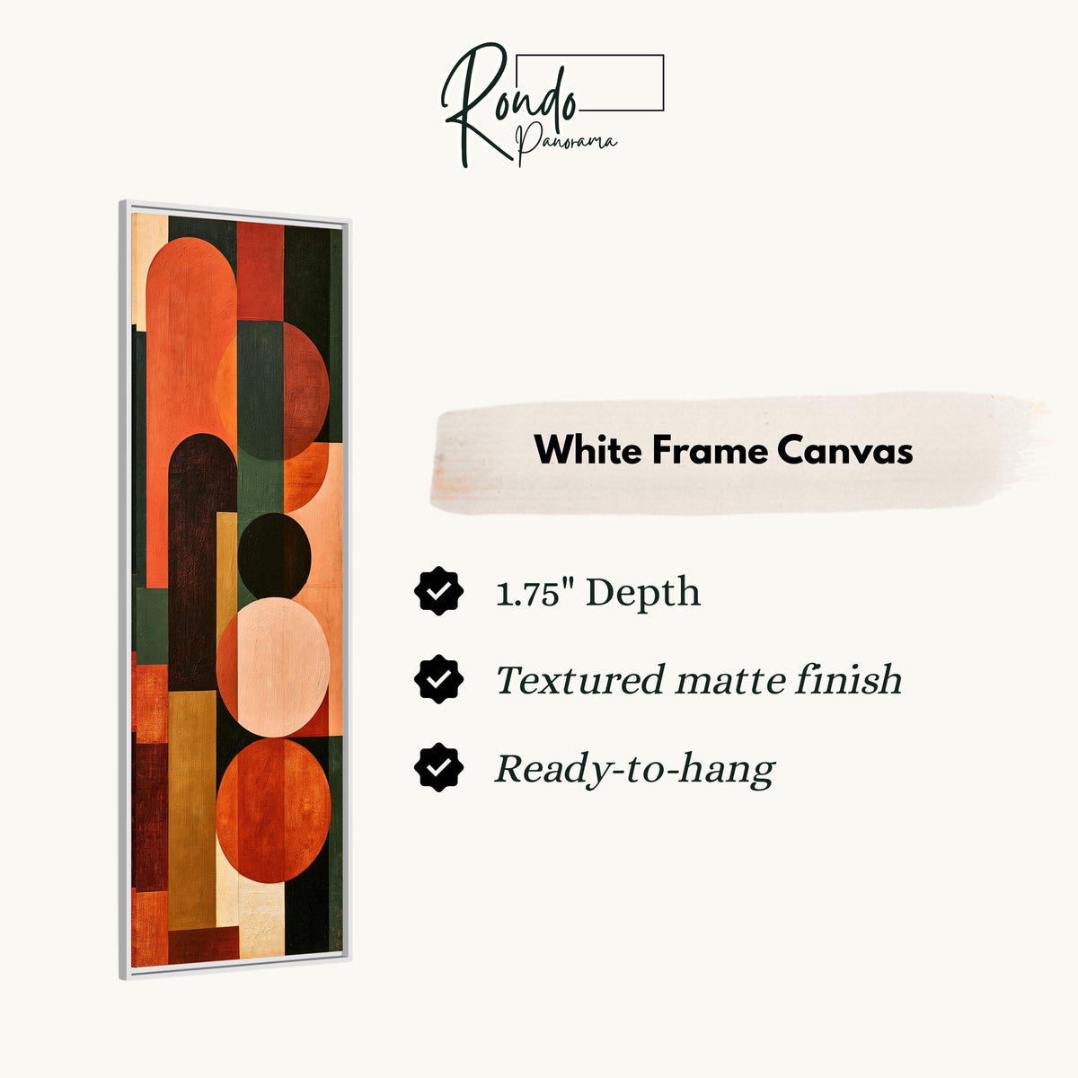 Terracotta, navy and blush arch and circle totem canvas print in a white floating frame