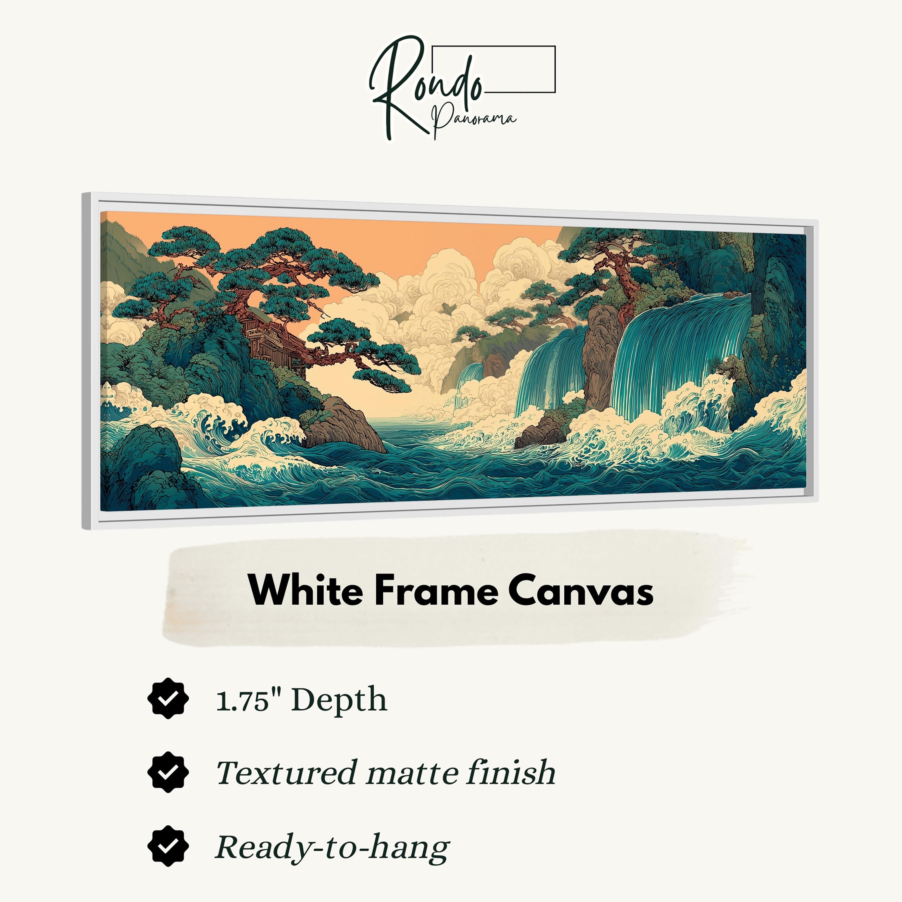 The image is a framed artwork depicting a serene landscape with a waterfall and trees.