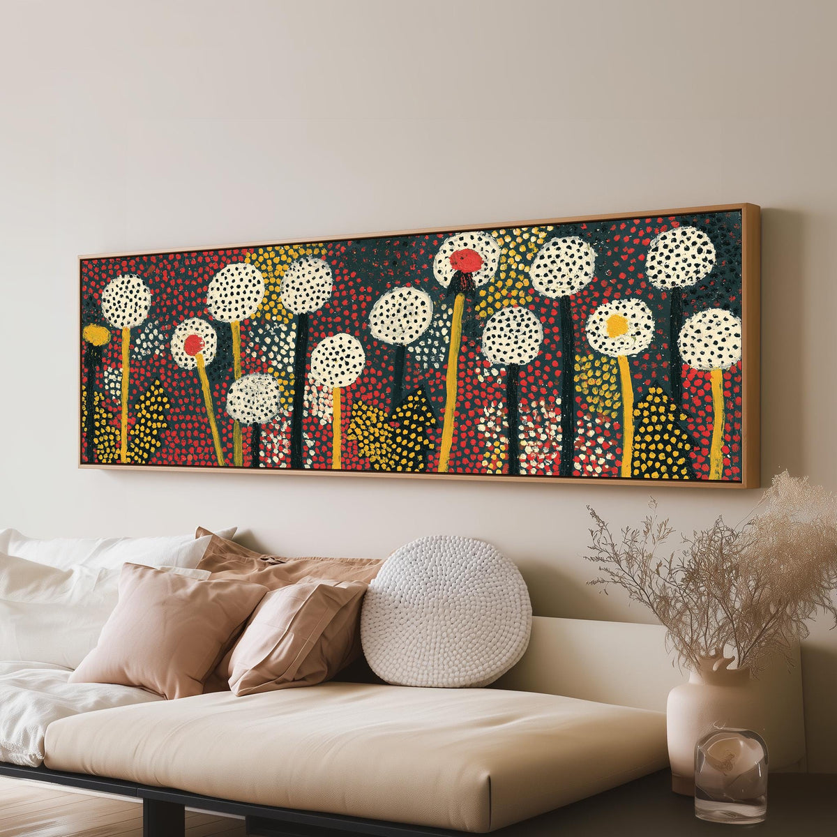 Dotted dandelion meadow panoramic canvas print above a sofa in a living room