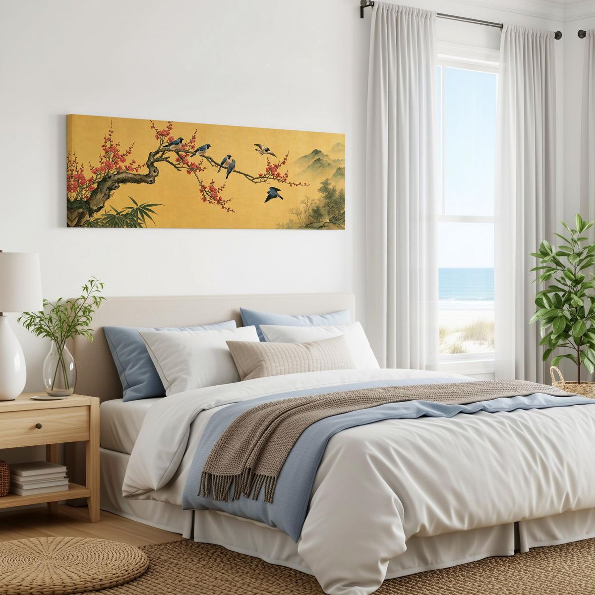 Birds on a plum blossom branch on gold panoramic canvas print above a bed in a coastal bedroom