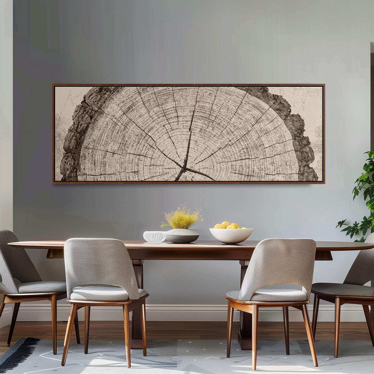 Sepia tree ring with radial cracks long horizontal canvas print above a dining table