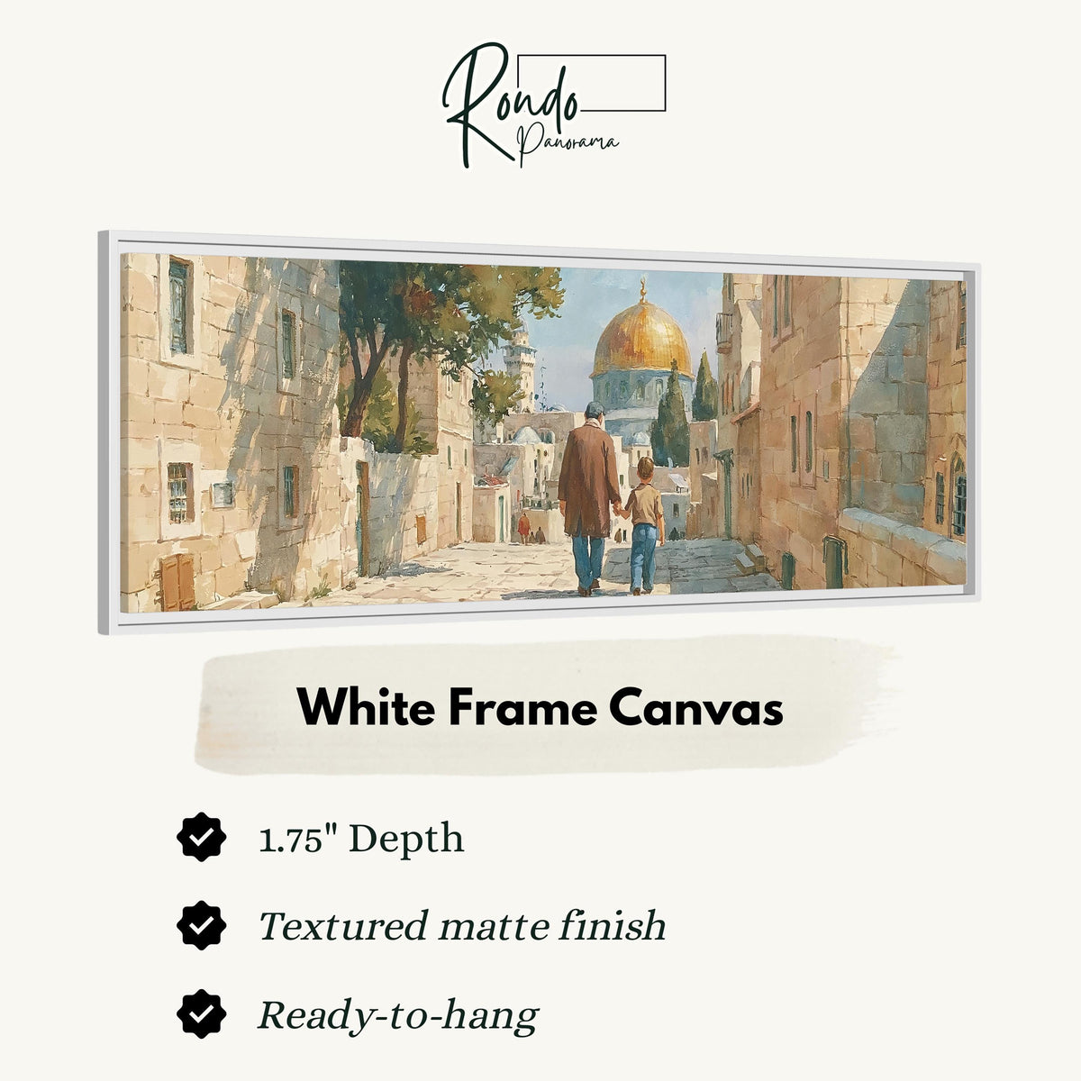 Jerusalem old city street with the golden dome canvas print in a white floating frame