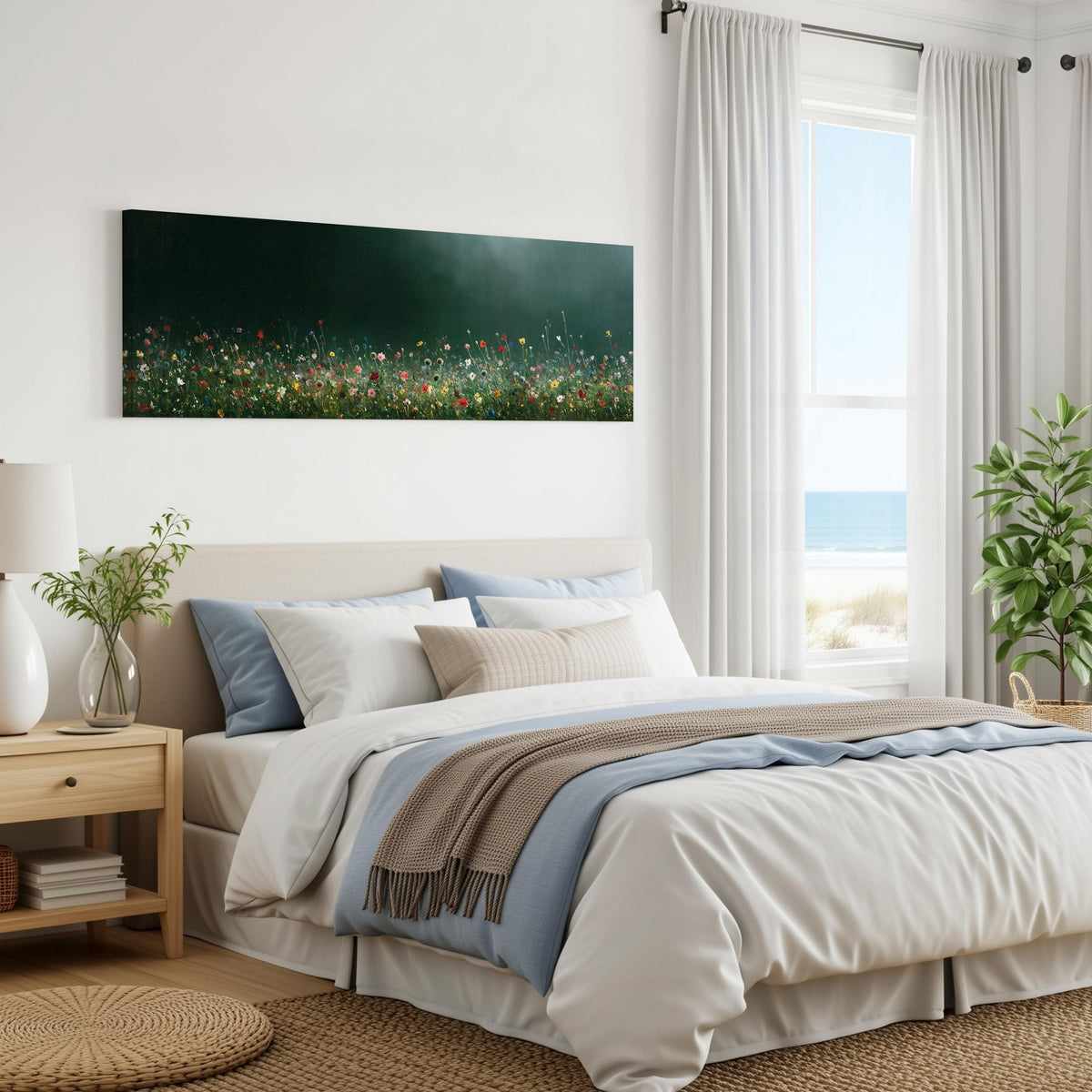 Wildflower field under a misty teal sky panoramic canvas print above a bed in a coastal bedroom