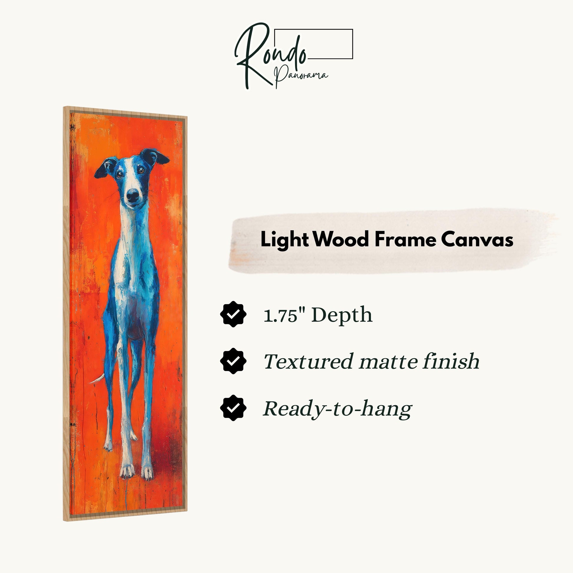 a large, light wood frame canvas depicting a blue and white dog standing on an orange background.