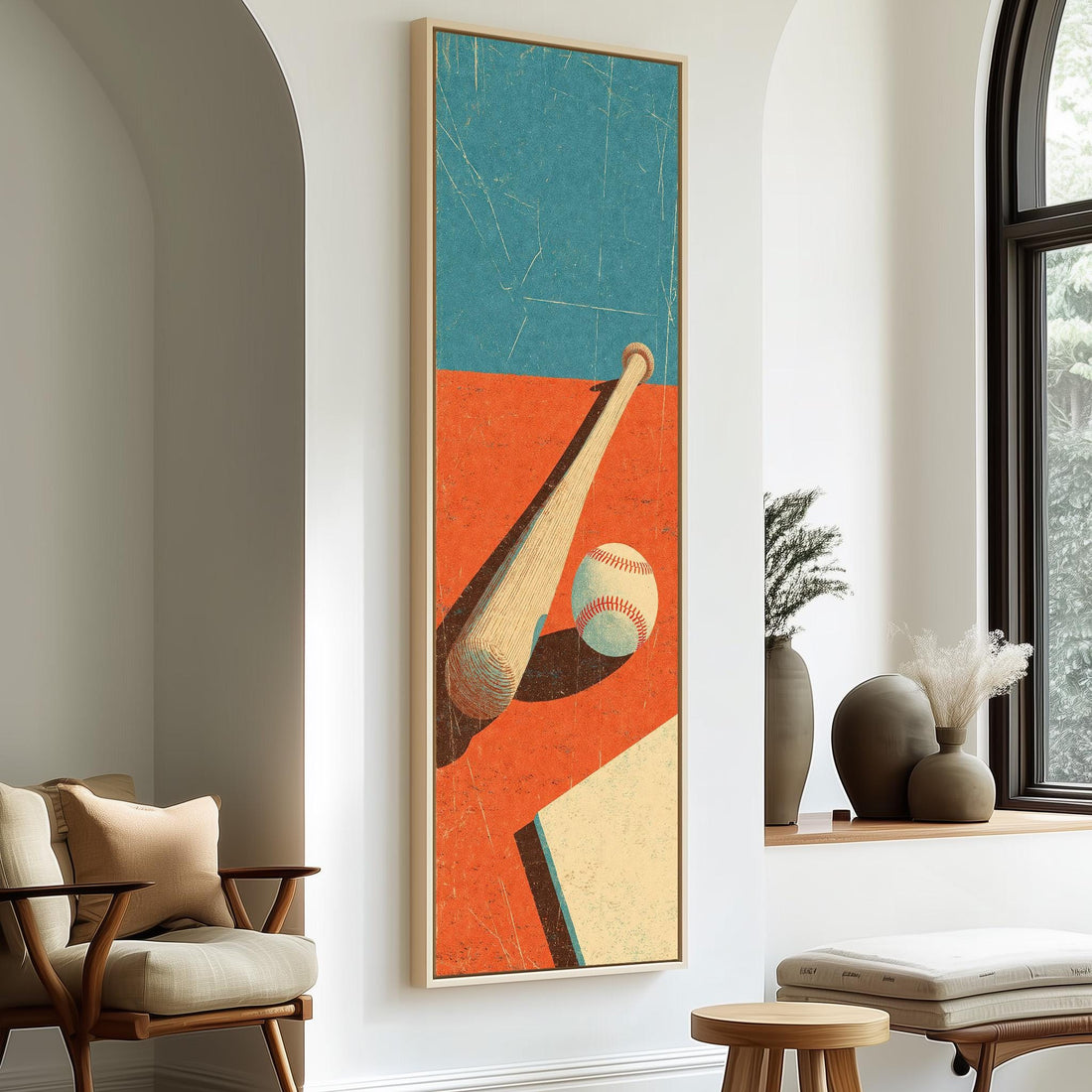 Retro baseball bat and ball long vertical canvas print in a sunlit living space