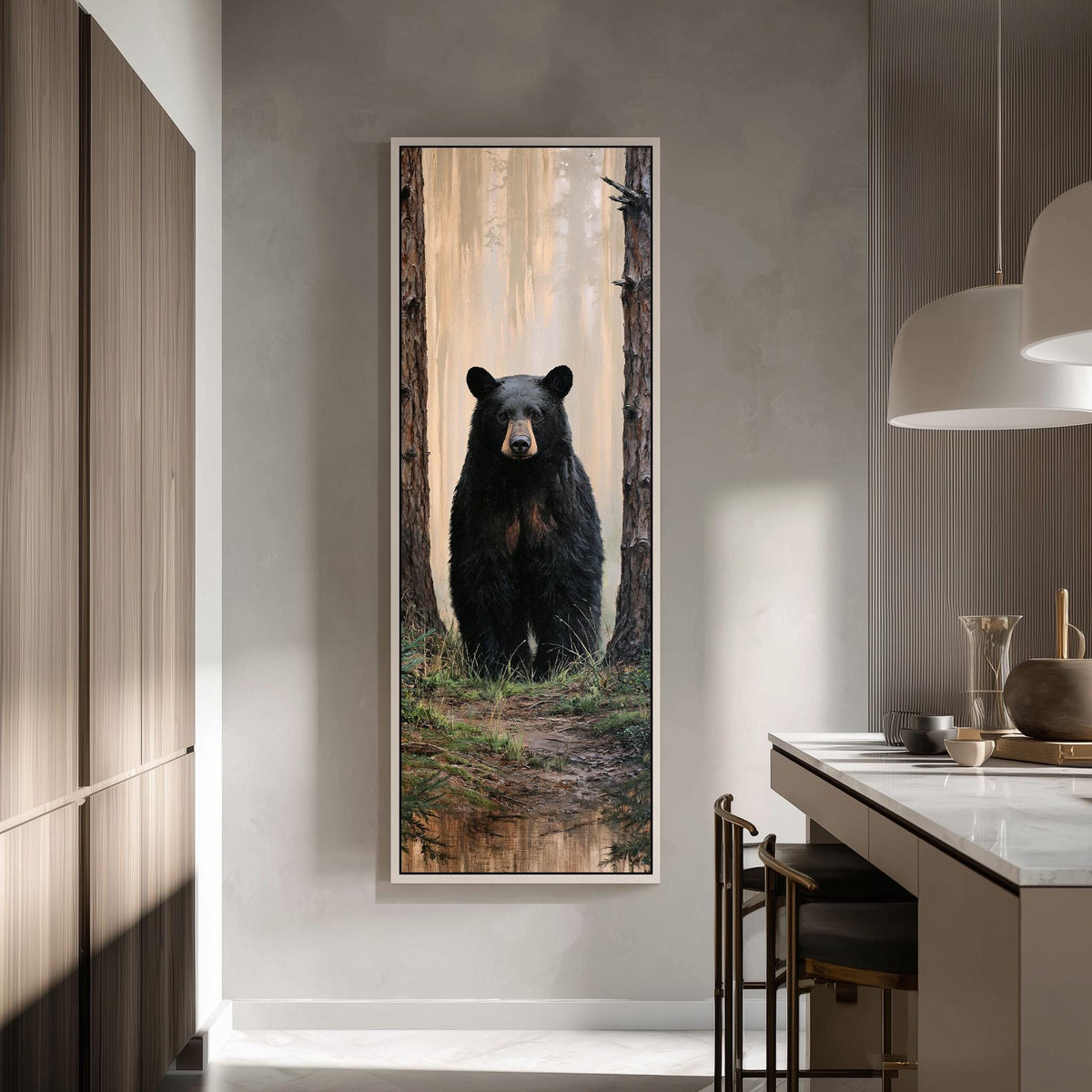 Black bear standing in a foggy forest tall skinny canvas print in a modern kitchen