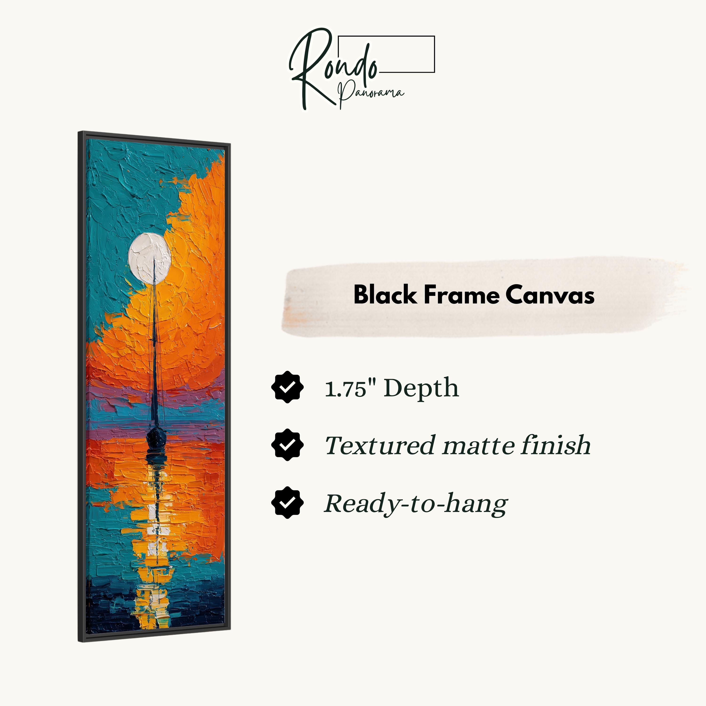 The image is a black frame canvas with a painting of a sunset on it.