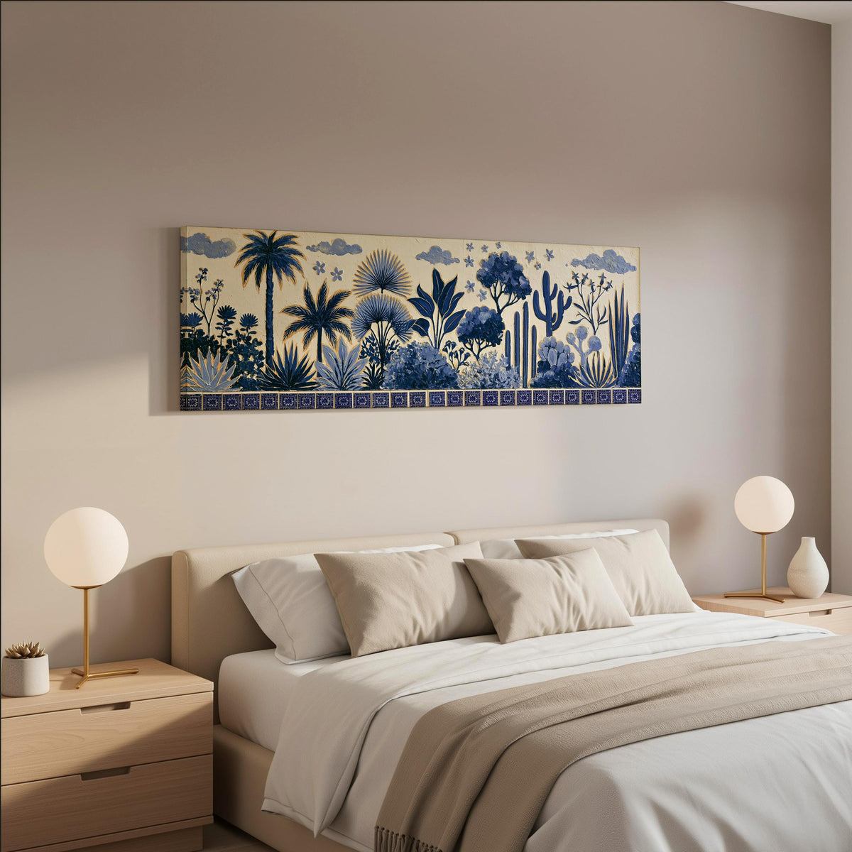 Blue palms, cacti and flowers pattern wide panoramic canvas print above a bed in a neutral bedroom