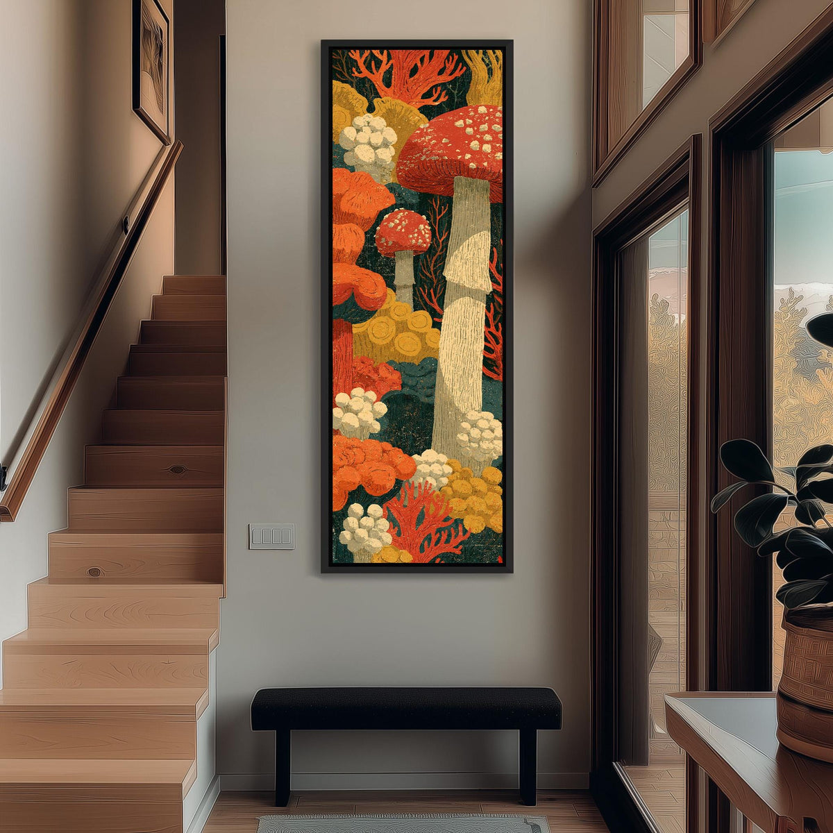 Woodcut style mushroom forest tall narrow canvas print beside a staircase in an entryway