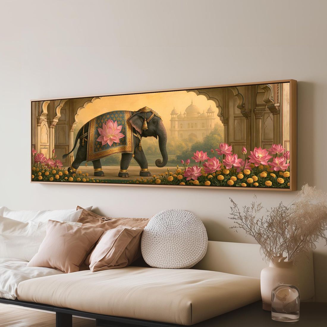 Decorated elephant in a palace lotus garden long horizontal canvas print above a sofa in a living room