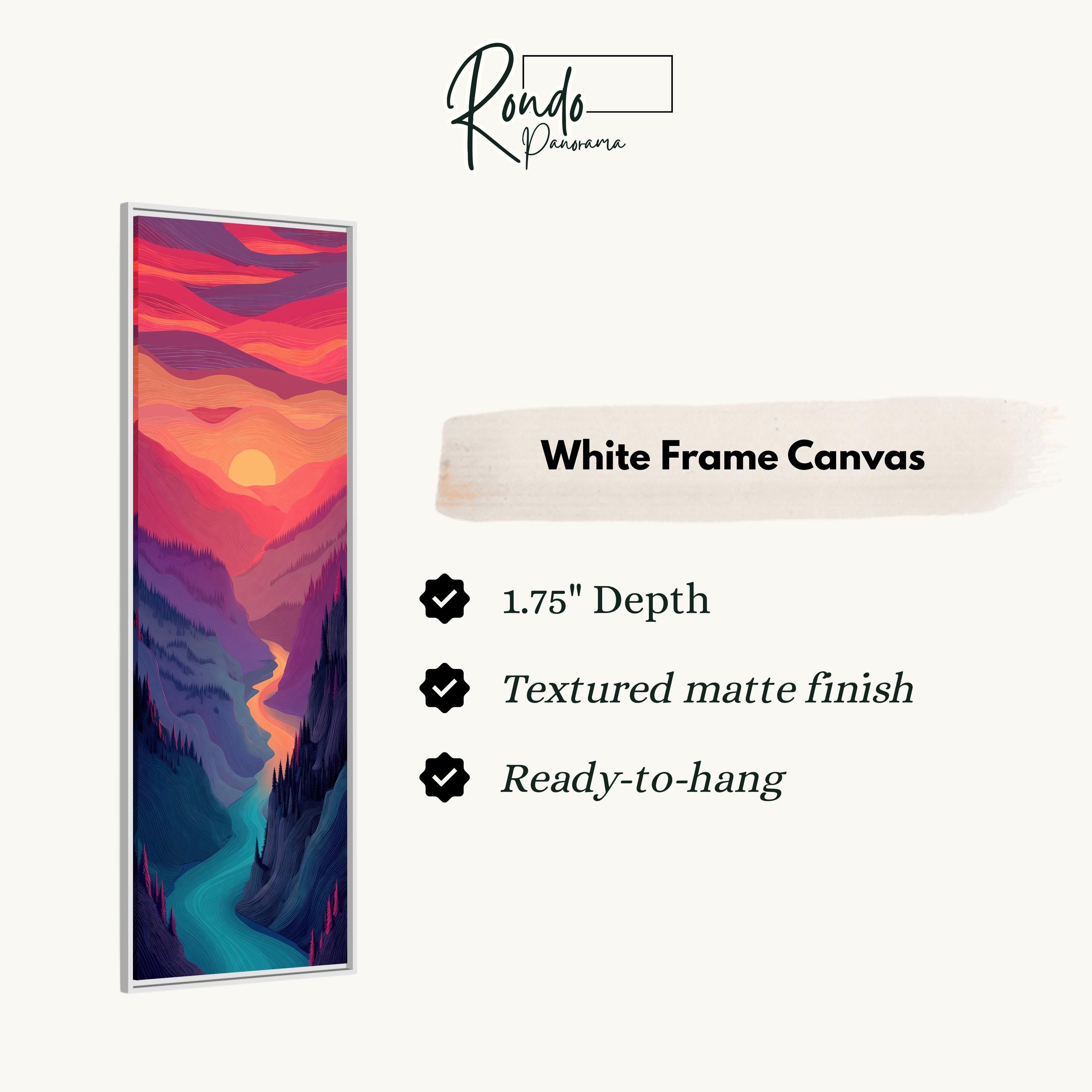 The image is a white frame canvas depicting a colorful mountain landscape with a winding river.