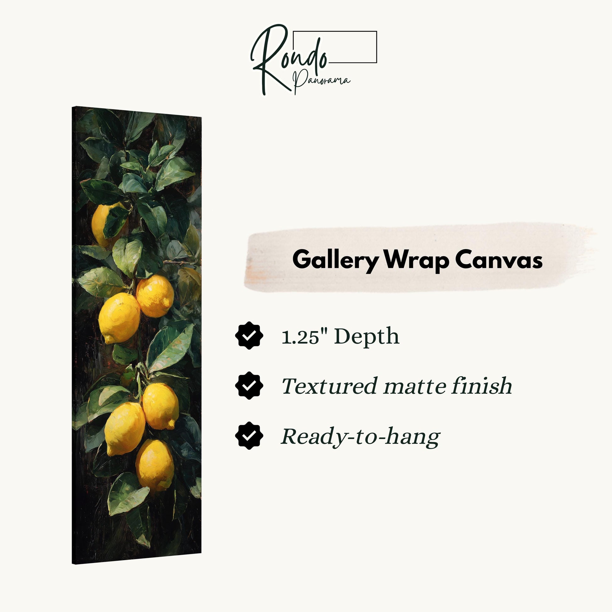 The image is a gallery wrap canvas featuring a painting of lemons hanging from a tree.