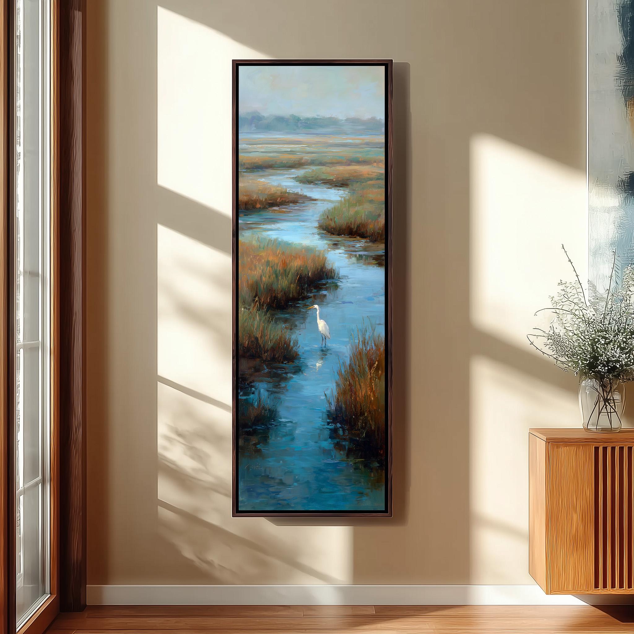 a large painting of a serene landscape with a bird standing in a body of water, surrounded by lush vegetation.