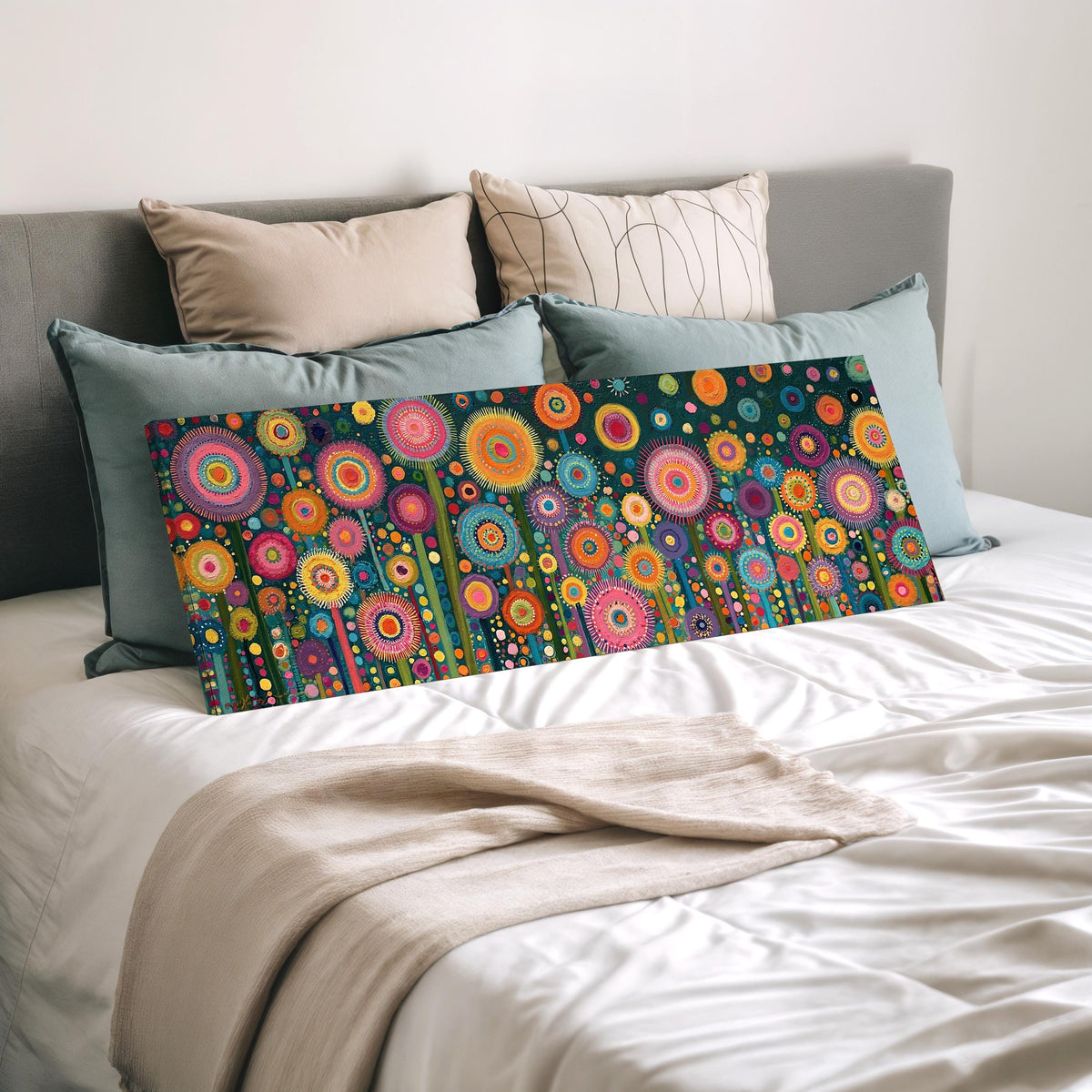 Circle flower garden on teal wide panoramic canvas print laid on a bed to show its size