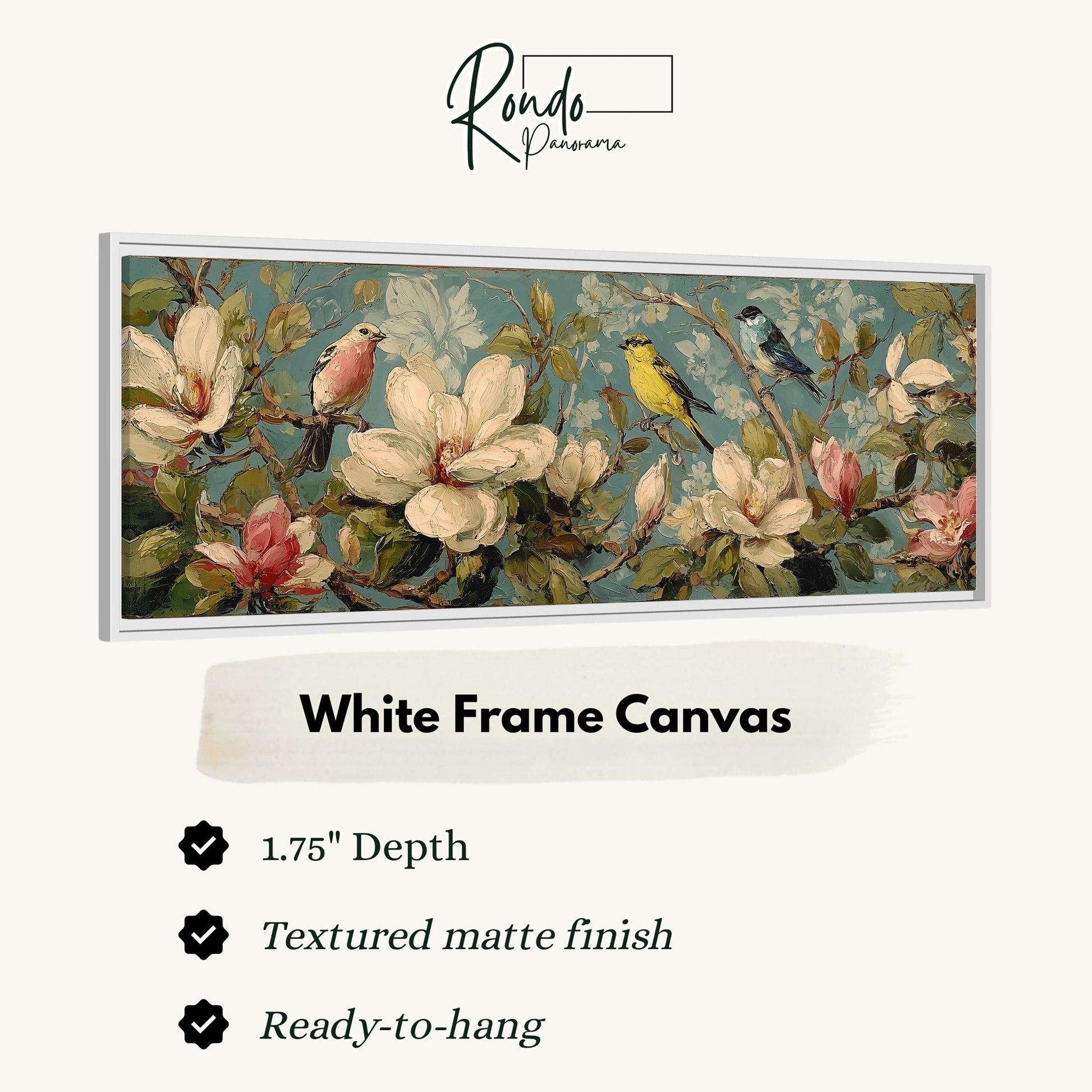 The image is a framed artwork depicting a floral scene with birds perched on flowers.