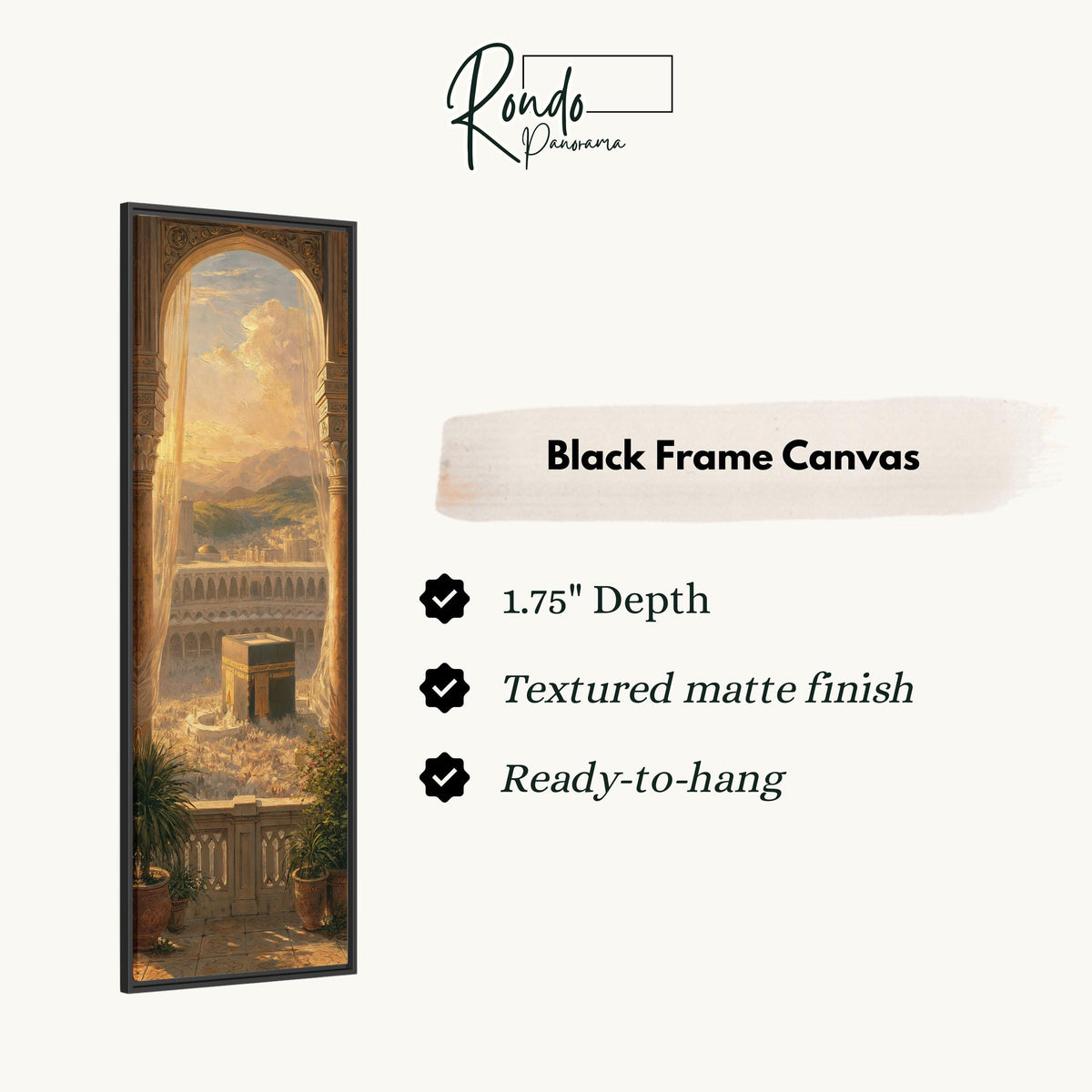 The Kaaba seen through a golden arch at sunset canvas print in a black floating frame