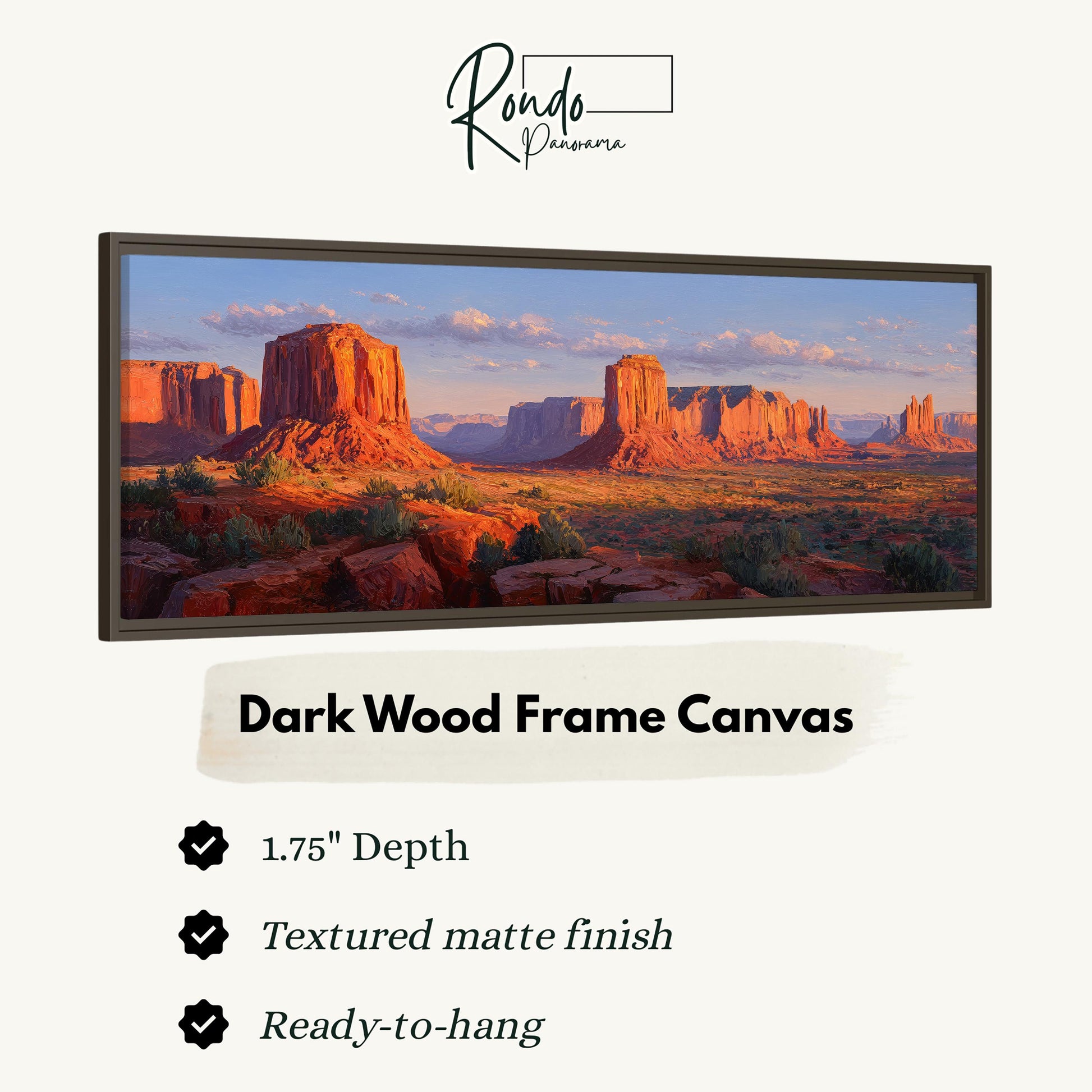 The image is a framed canvas depicting a desert landscape with mountains in the background.