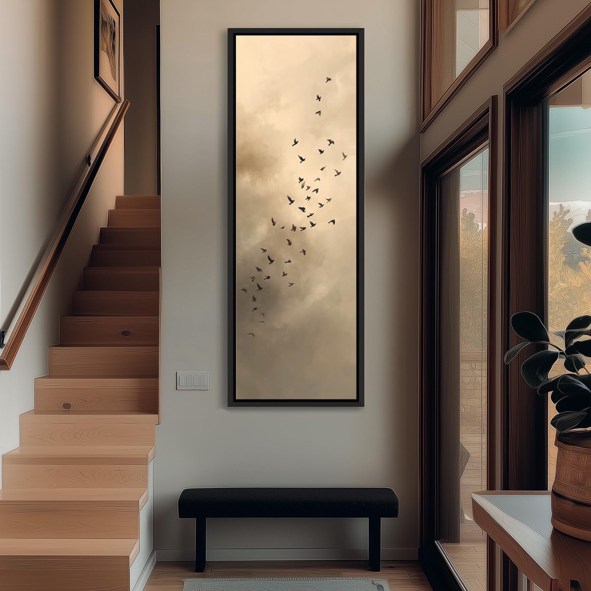 a serene indoor setting with a large window overlooking a flock of birds flying in the sky. The room is decorated with a wooden staircase, a bench, and a potted plant, creating a cozy and inviting atmosphere.