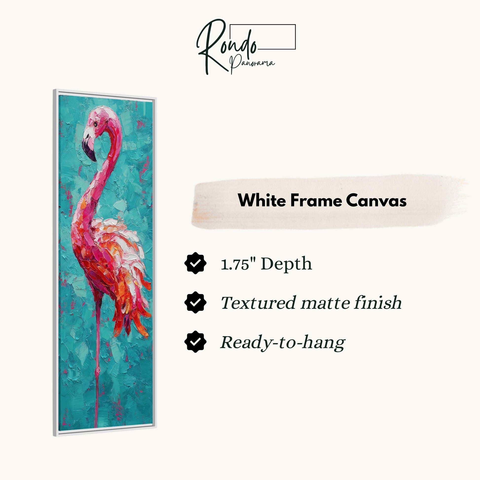 a vibrant painting of a pink flamingo in a white frame.