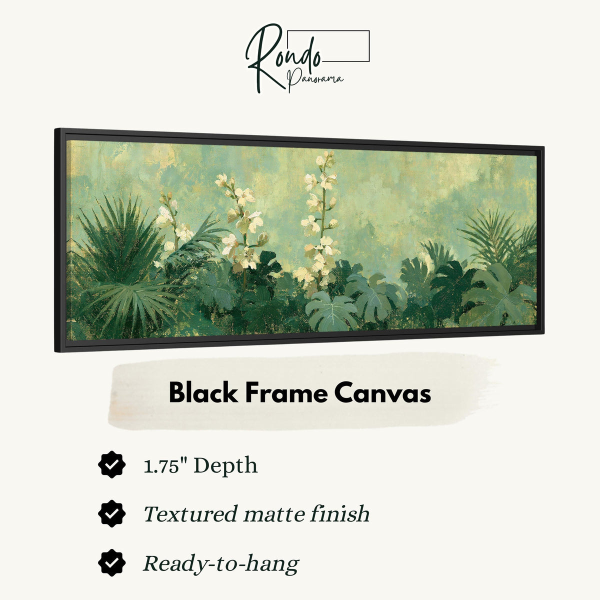 Tropical white blooms in green foliage canvas print in a black floating frame