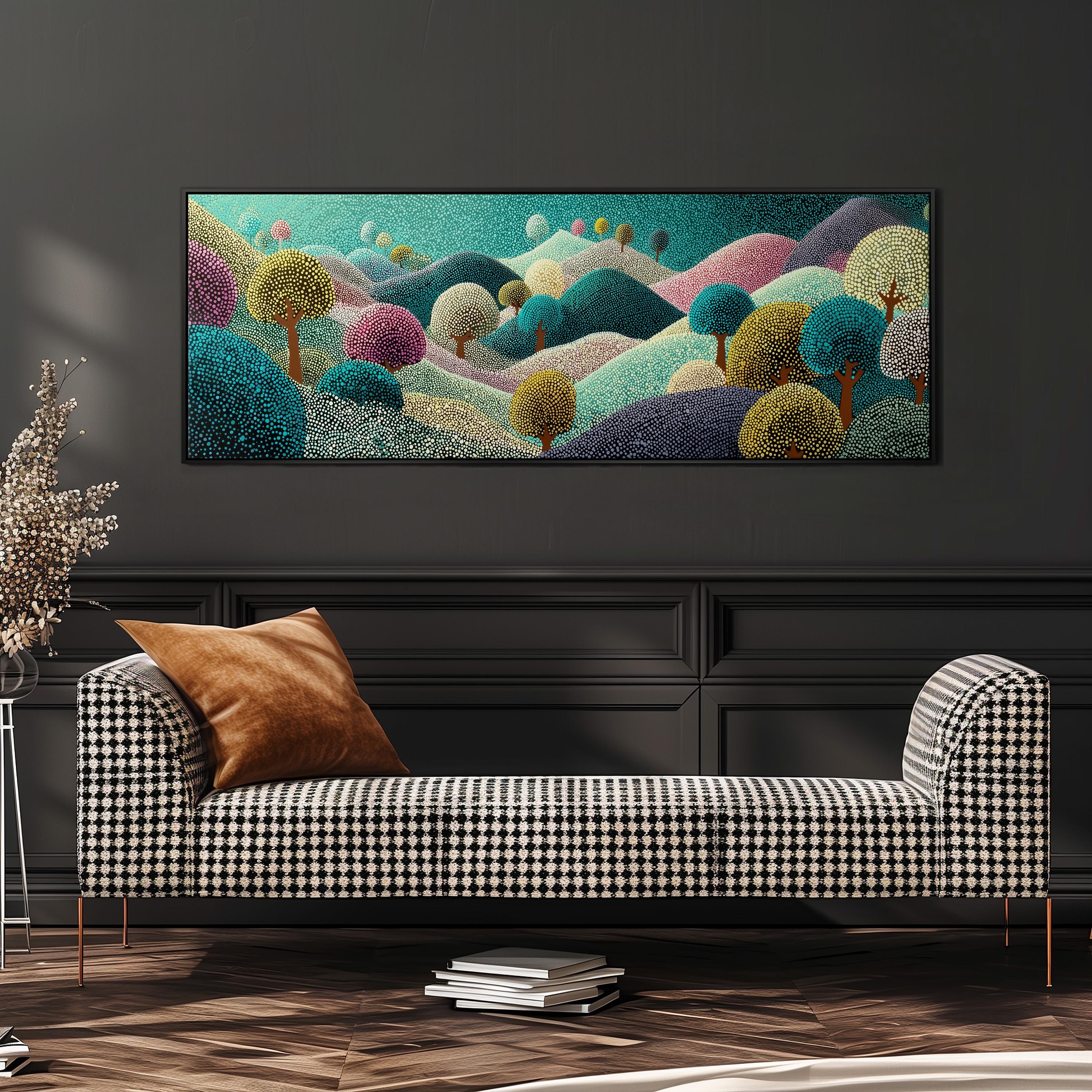 a large, colorful painting of a landscape with trees and hills, hanging on a wall above a black and white checkered sofa.