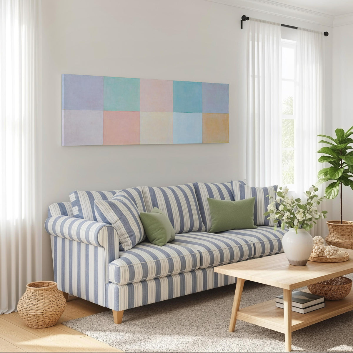 Pastel checkerboard grid long horizontal canvas print above a striped sofa in a coastal living room
