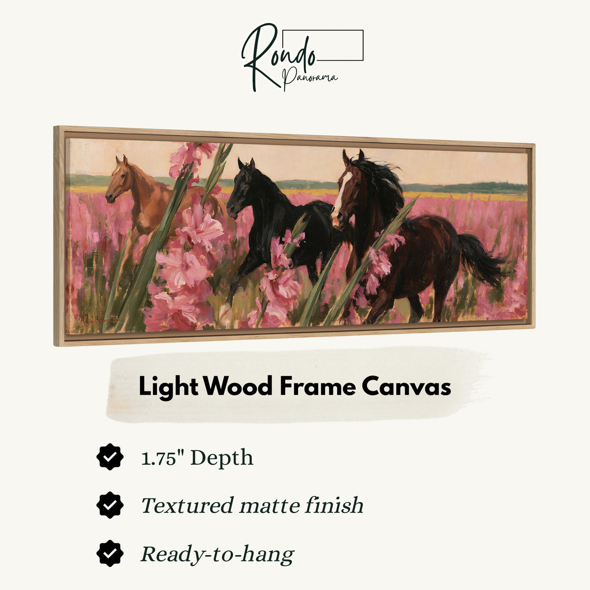 Horses running through pink gladiolus canvas print in a light wood floating frame