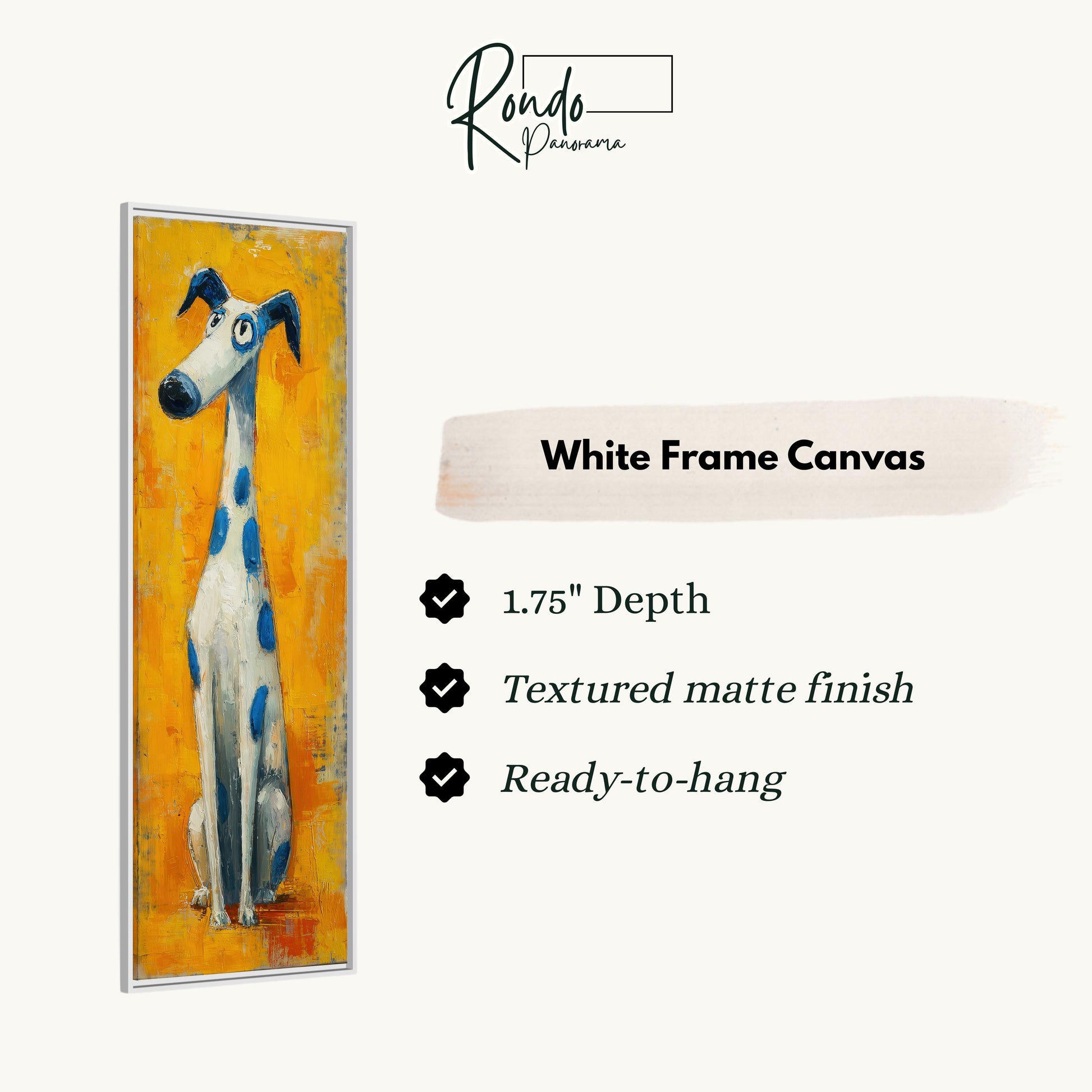 The image is a white frame canvas featuring a painting of a dog sitting on an orange background.