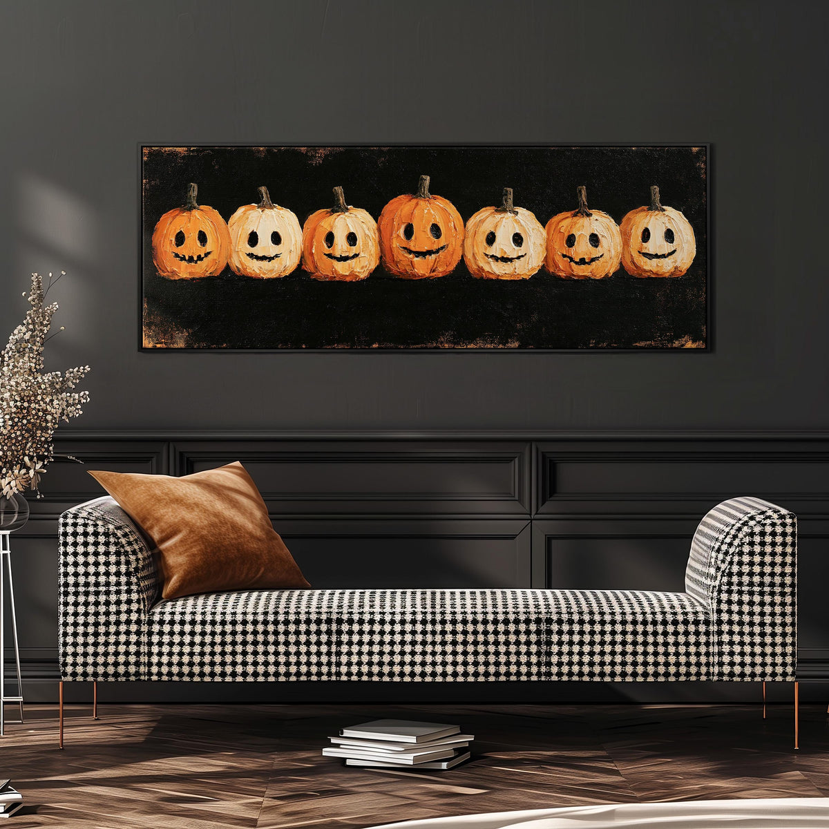 Row of smiling jack-o'-lanterns wide panoramic canvas print above a bench in a dark living room