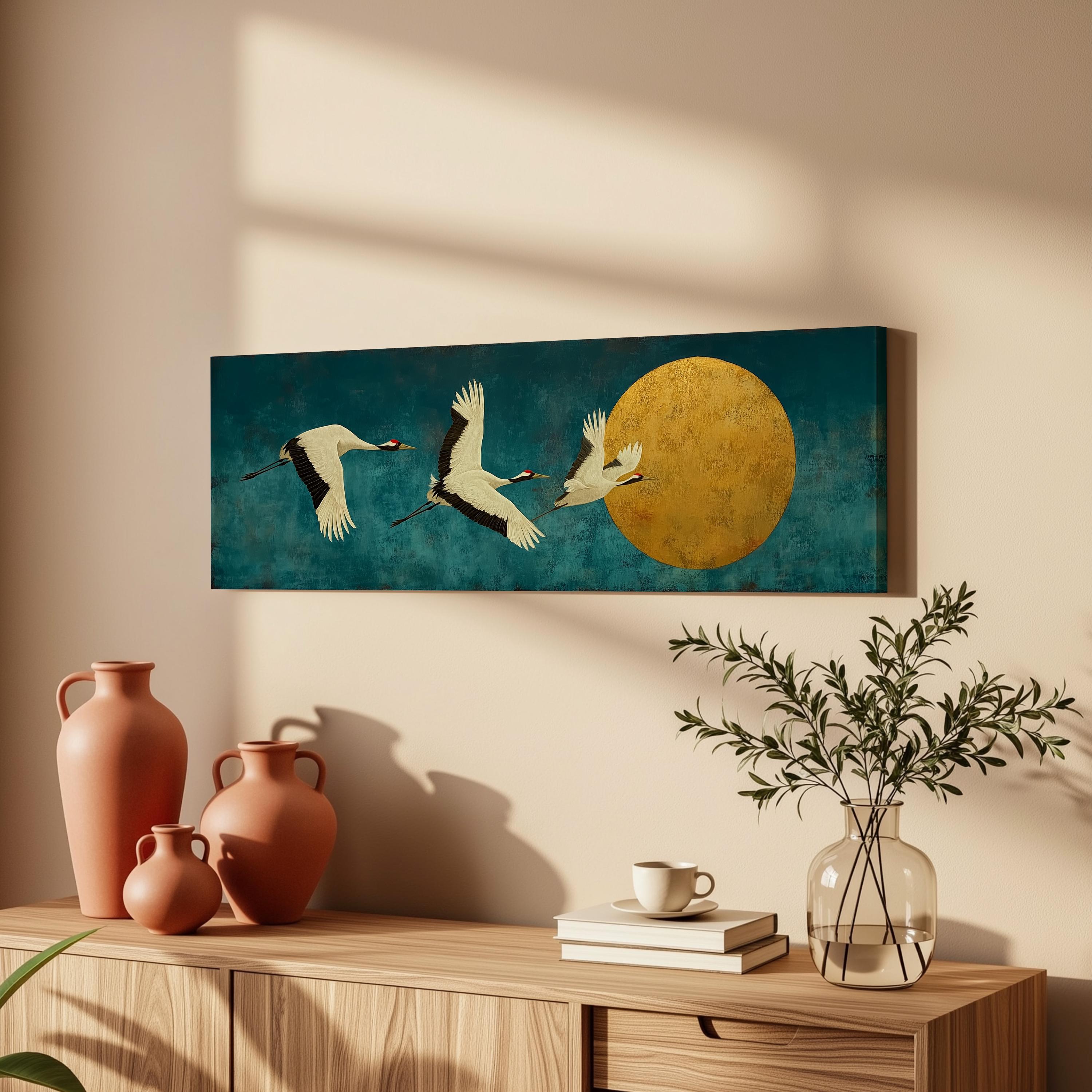 a wooden cabinet with a vase, a coffee cup, and a stack of books on top. Above the cabinet, there is a painting of three white birds in flight against a blue background with a large yellow circle in the center.