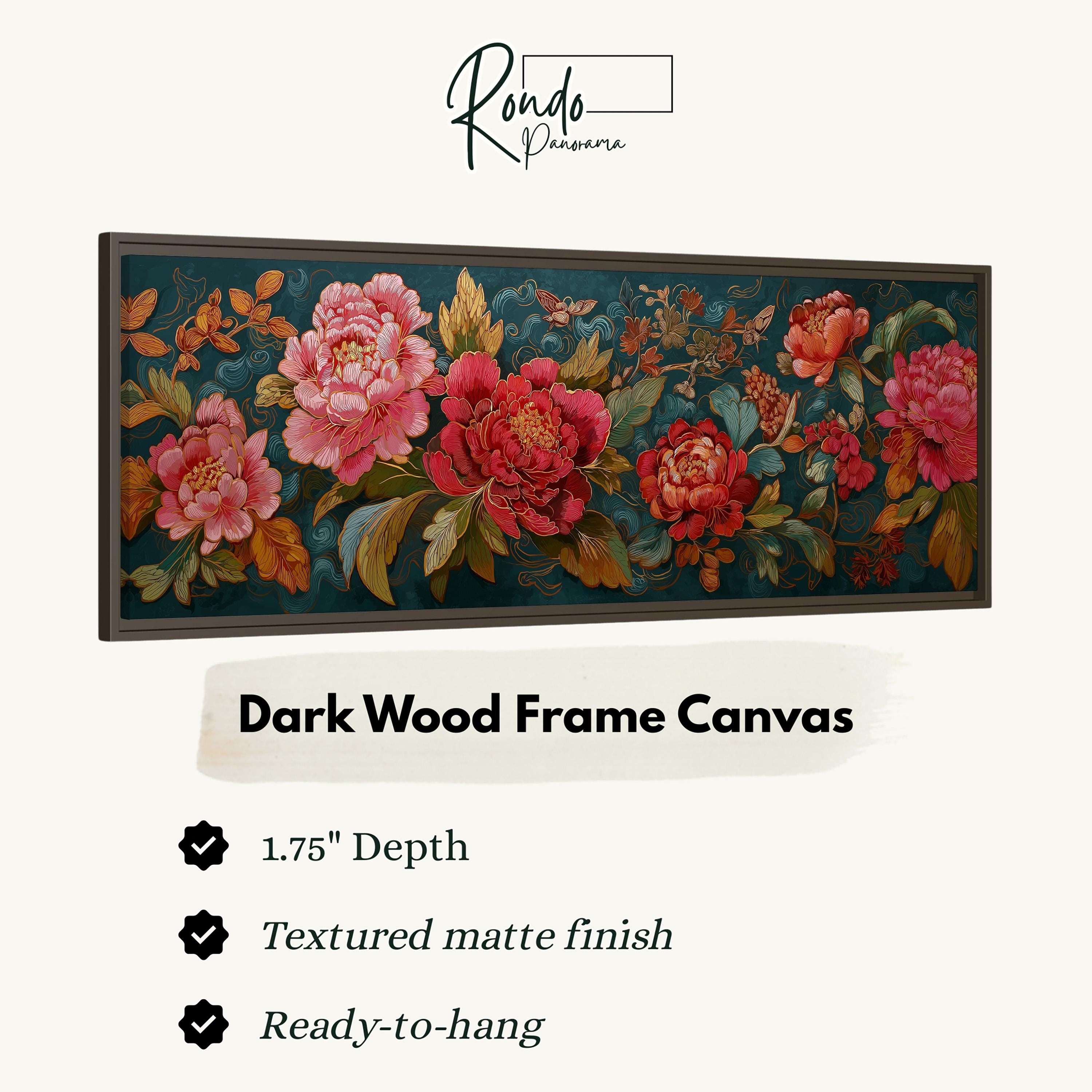 a dark wood frame canvas with a floral design in shades of pink and red. The frame has a 1.75" depth and is textured with a matte finish. It is ready to hang and is described as a "Dark Wood Frame Canvas".