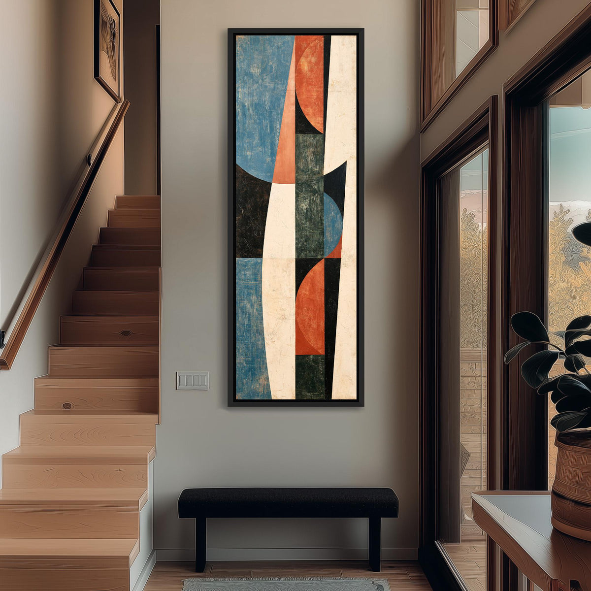 Textured curves in blue, orange and black tall narrow canvas print beside a staircase in an entryway