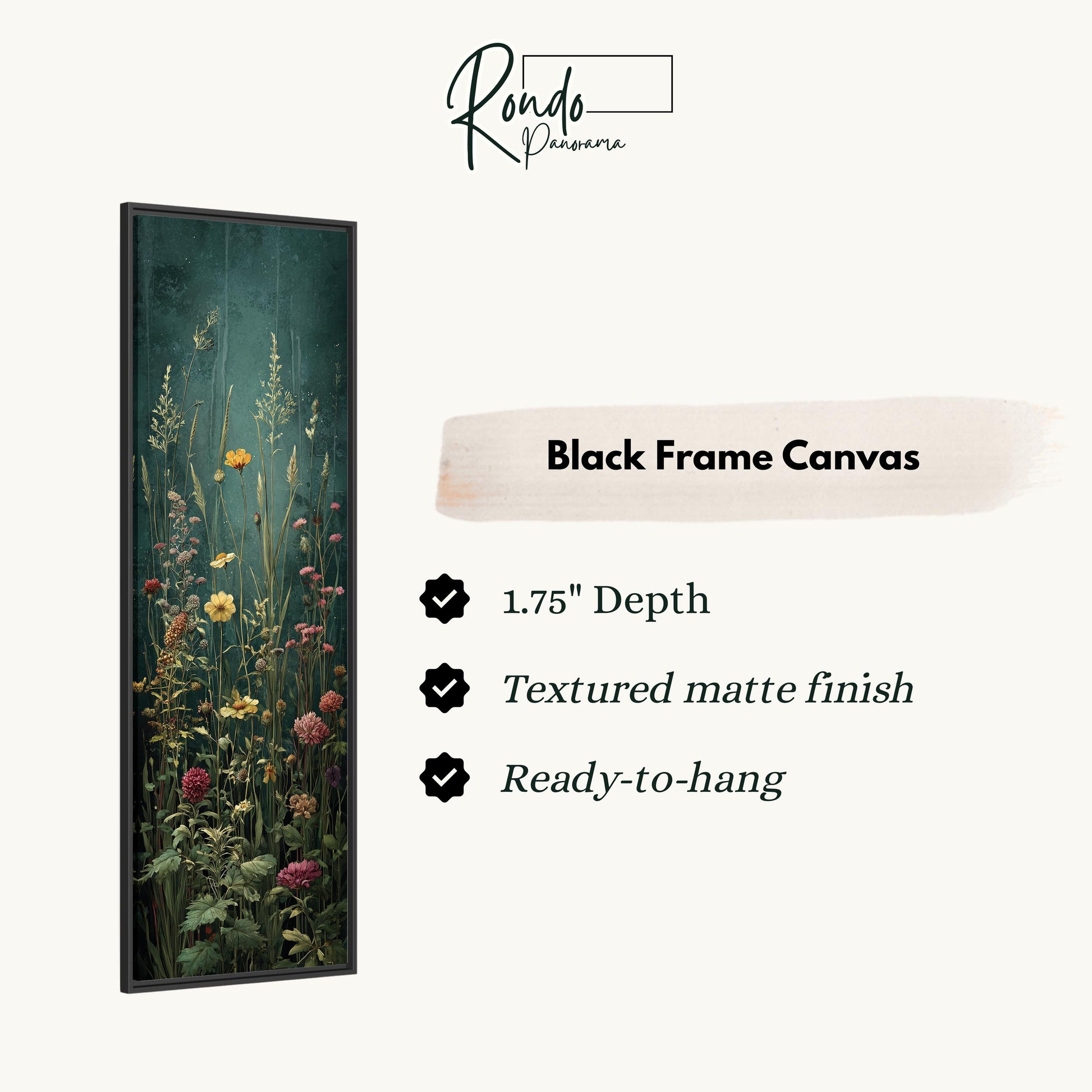 The image is a black frame canvas featuring a vibrant floral scene with tall grasses and various colorful flowers.