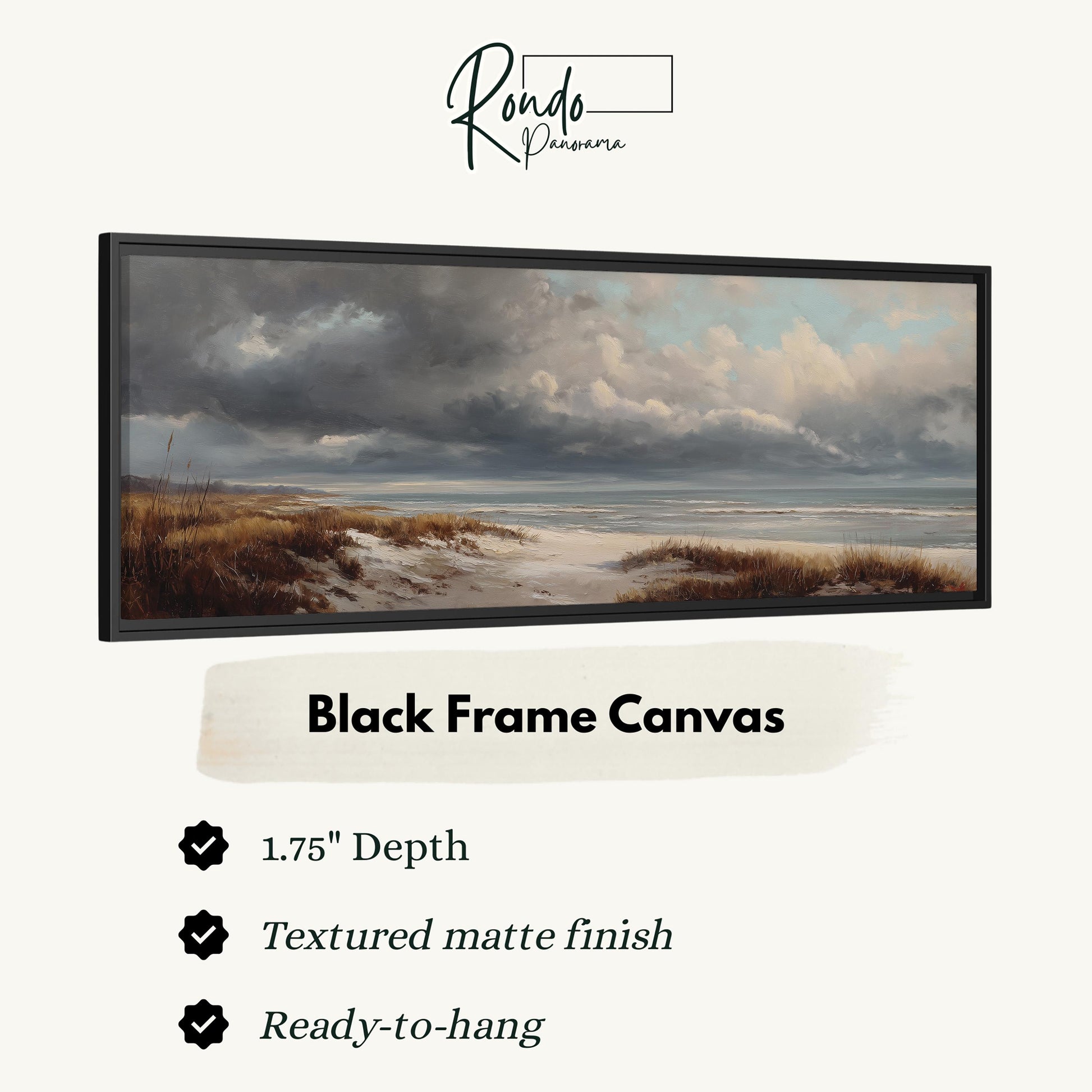 The image is a black frame canvas depicting a serene landscape with a beach and cloudy sky.