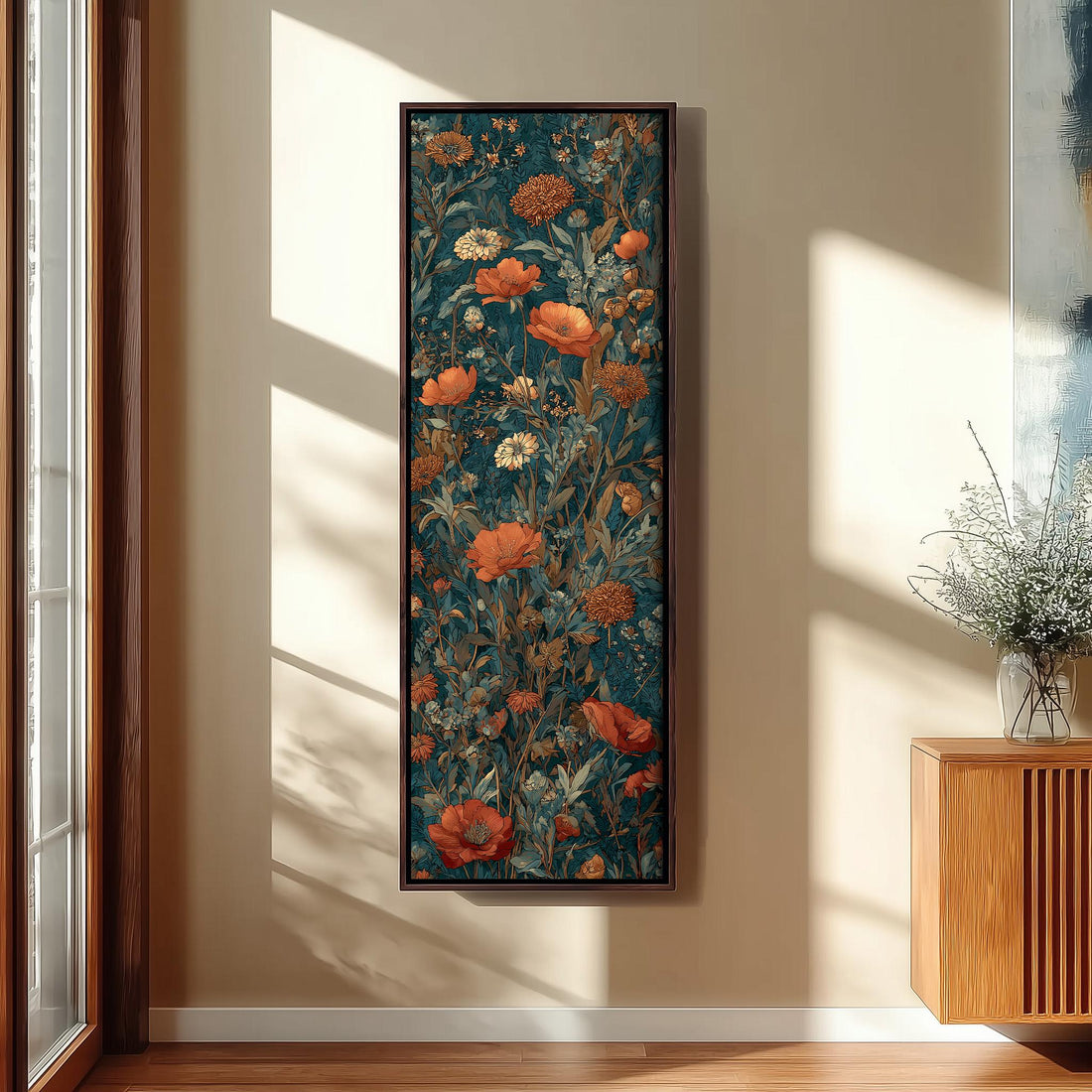 a hallway with a large floral painting hanging on the wall, a wooden staircase, a black bench, and a potted plant.
