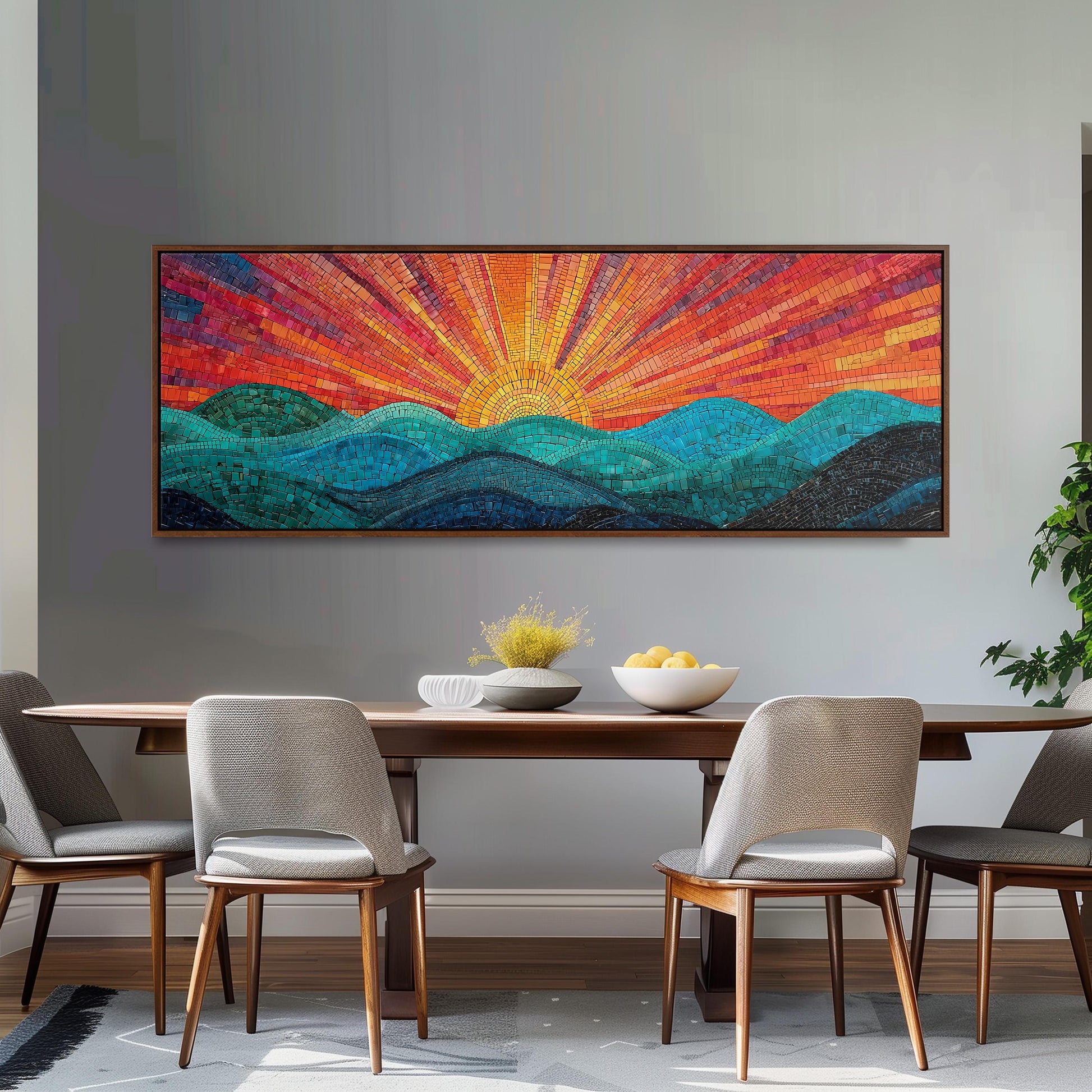 a dining room with a large, colorful mosaic artwork hanging on the wall above a wooden dining table. The table is set with a bowl of fruit and a vase of flowers, creating a warm and inviting atmosphere. The room is furnished with four chairs, two on each side of the table, and a potted plant is placed near the table, adding a touch of greenery to the space.