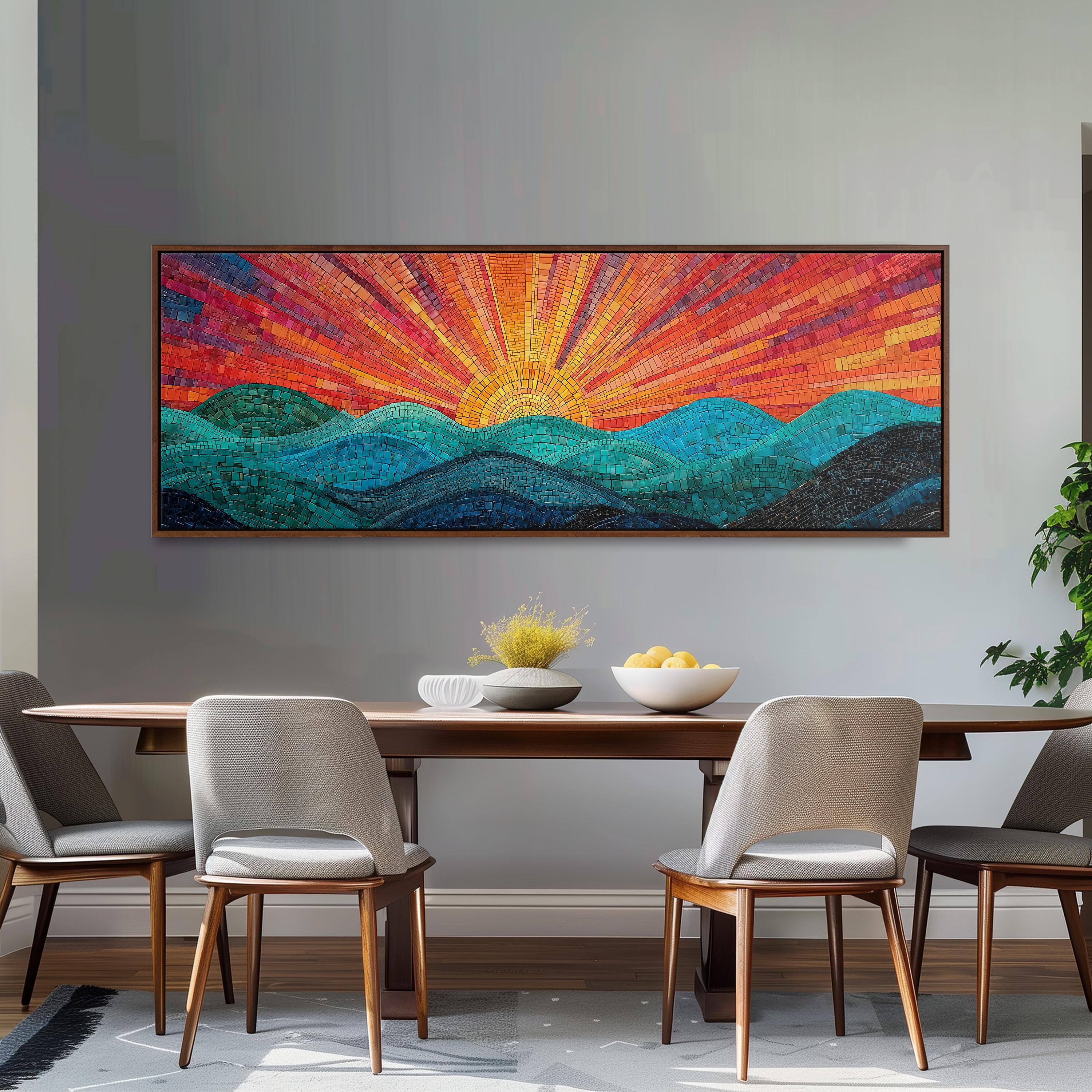 a dining room with a large, colorful mosaic artwork hanging on the wall above a wooden dining table. The table is set with a bowl of fruit and a vase of flowers, creating a warm and inviting atmosphere. The room is furnished with four chairs, two on each side of the table, and a potted plant is placed near the table, adding a touch of greenery to the space.