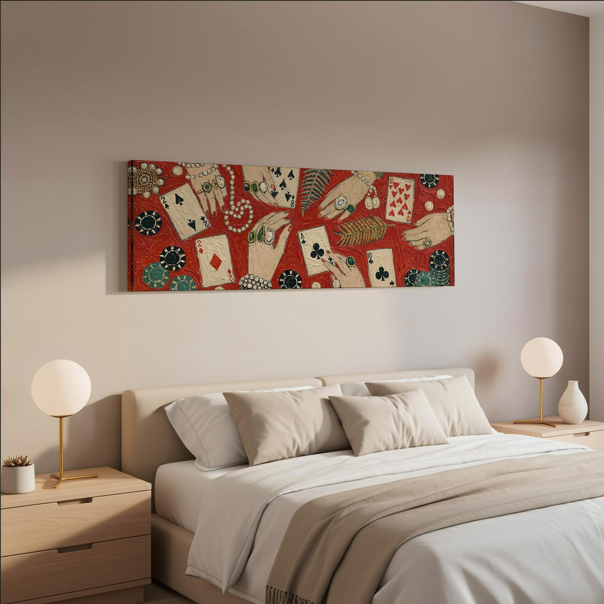 Playing cards, chips and jeweled hands wide panoramic canvas print above a bed in a neutral bedroom