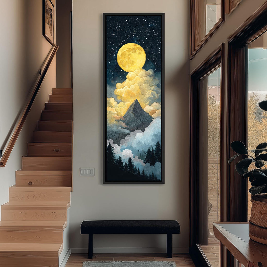 a large painting of a mountain landscape with a full moon and clouds, hanging on the wall of a hallway.