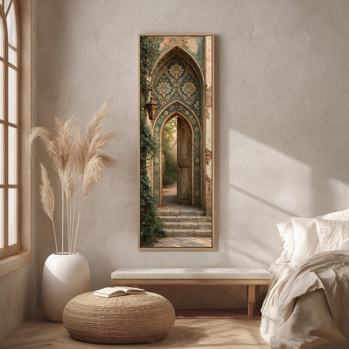 Ornate tiled arch doorway long vertical canvas print in a bright reading corner
