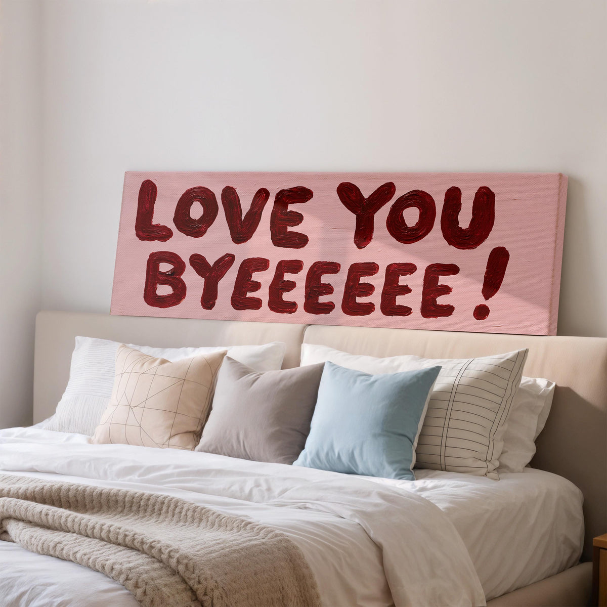 Love you byeeeee retro quote long horizontal canvas print above a wooden sideboard