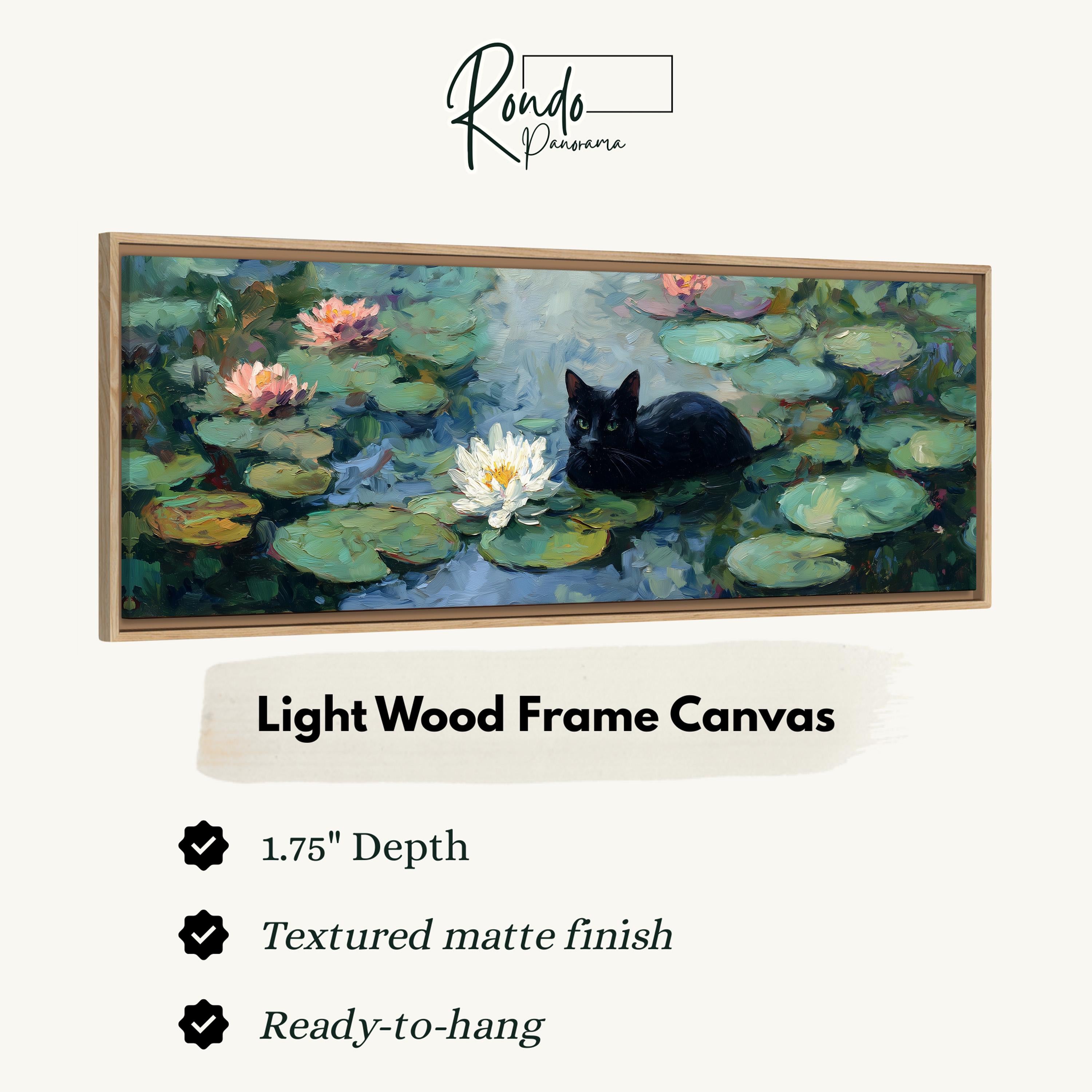 The image is a framed painting depicting a black cat sitting on lily pads in a pond with water lilies.