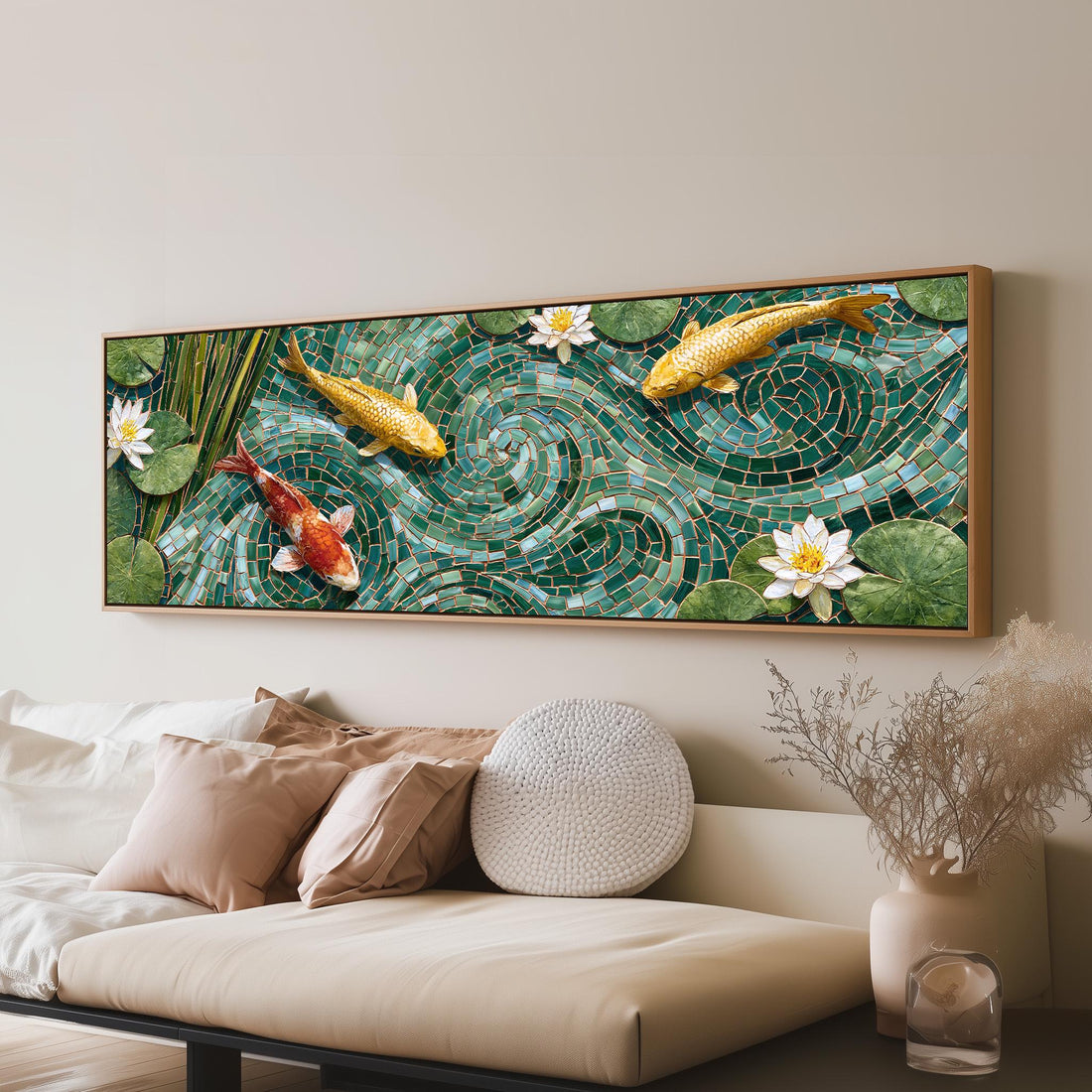 Koi fish in a green mosaic pond long horizontal canvas print above a sofa in a living room